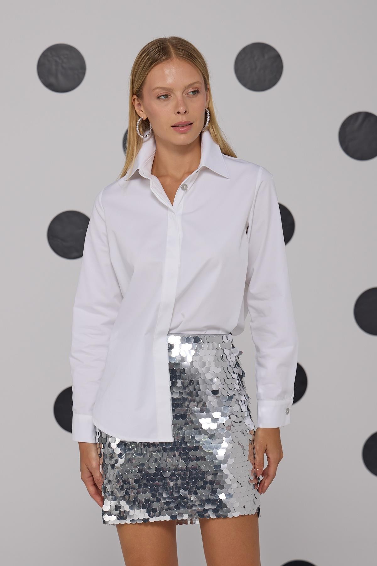 Cindy %100 Cotton Uzun Basic Gömlek Beyaz