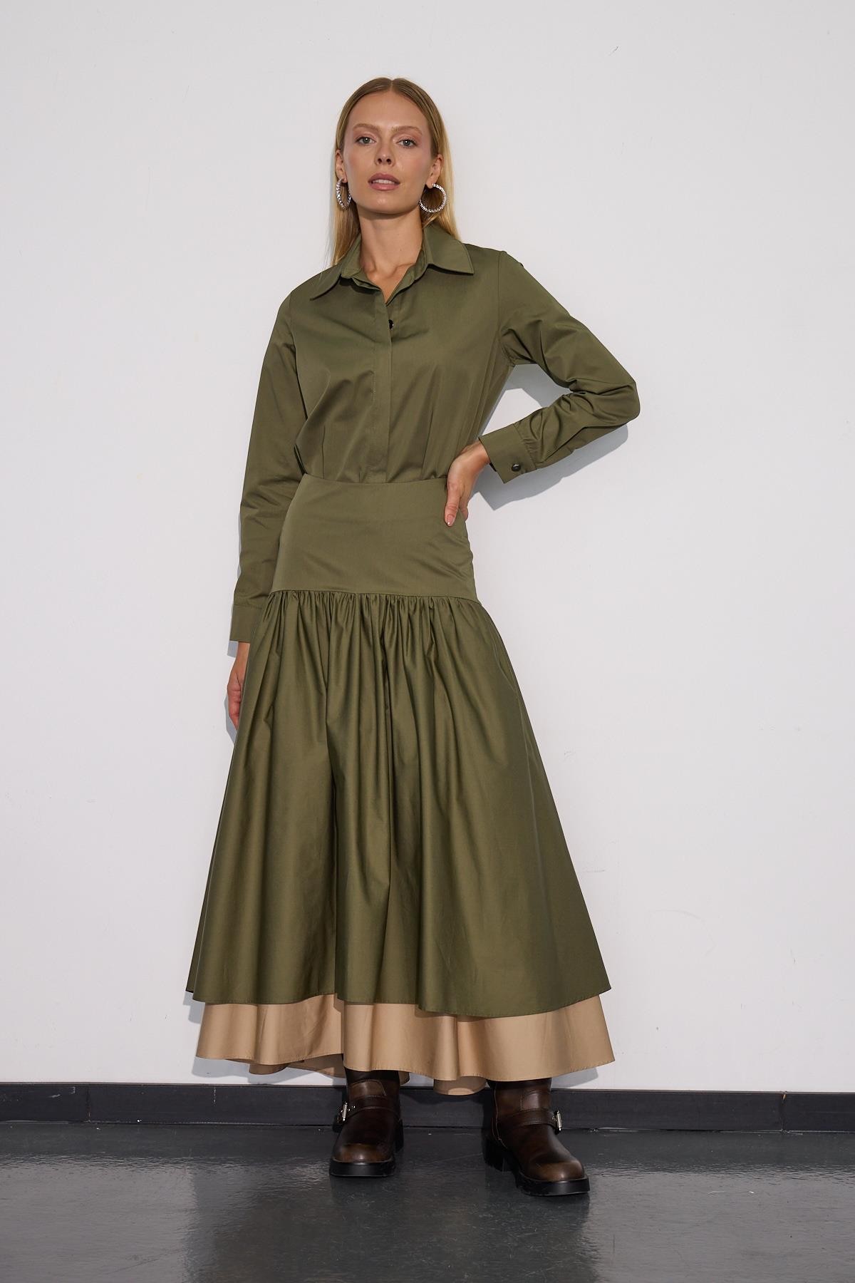 Cindy %100 Cotton Uzun Basic Gömlek Haki