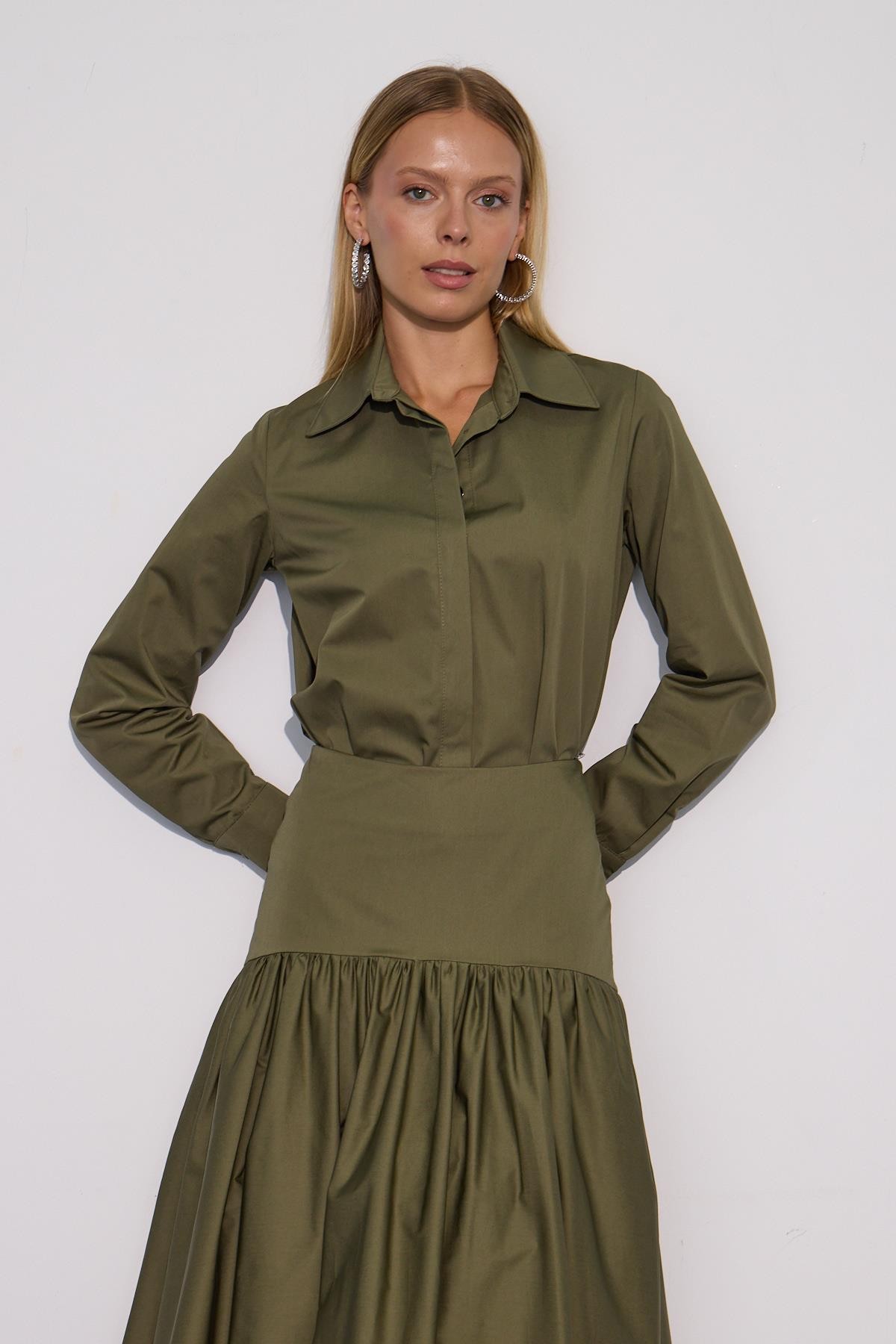 Cindy %100 Cotton Uzun Basic Gömlek Haki