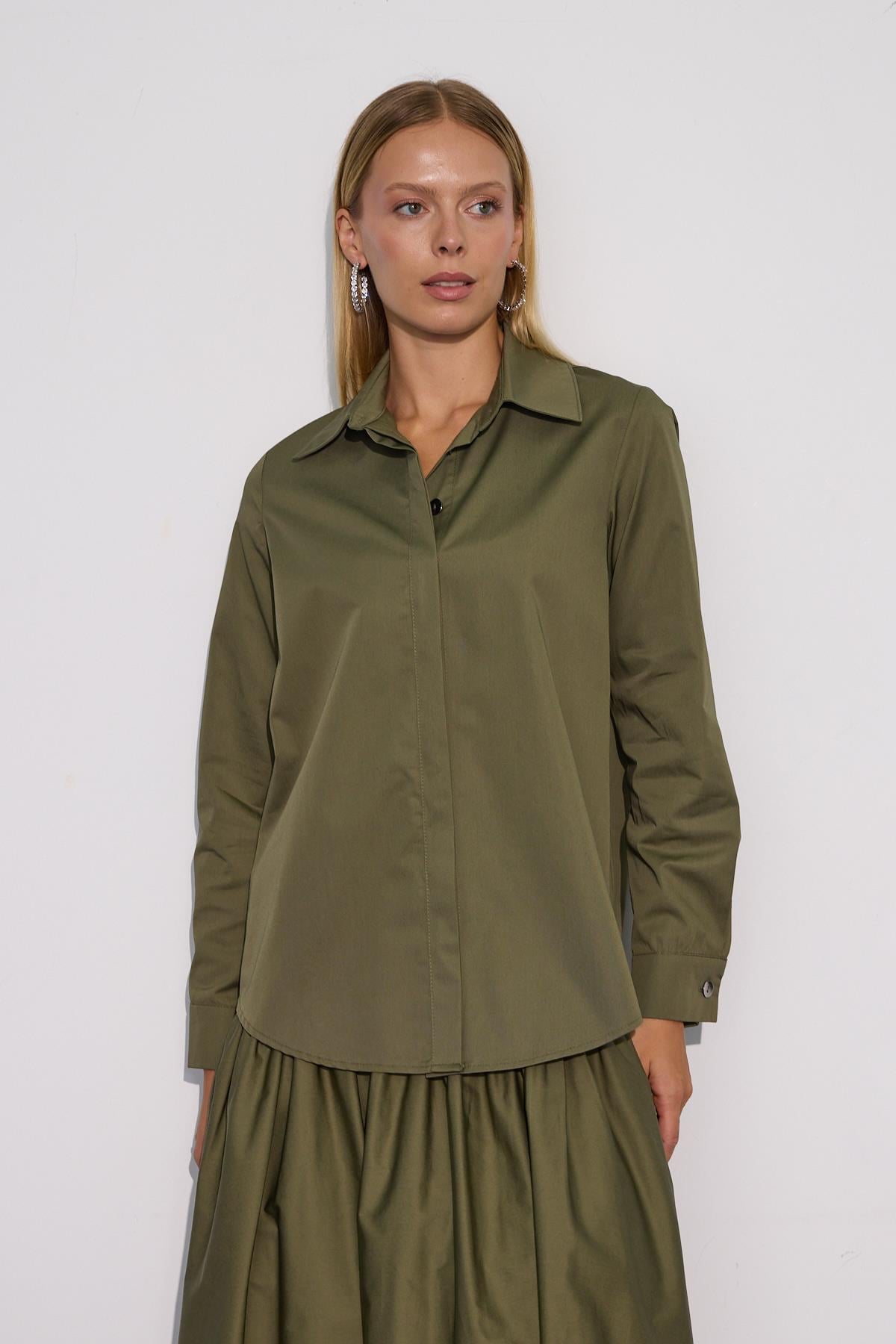 Cindy %100 Cotton Uzun Basic Gömlek Haki