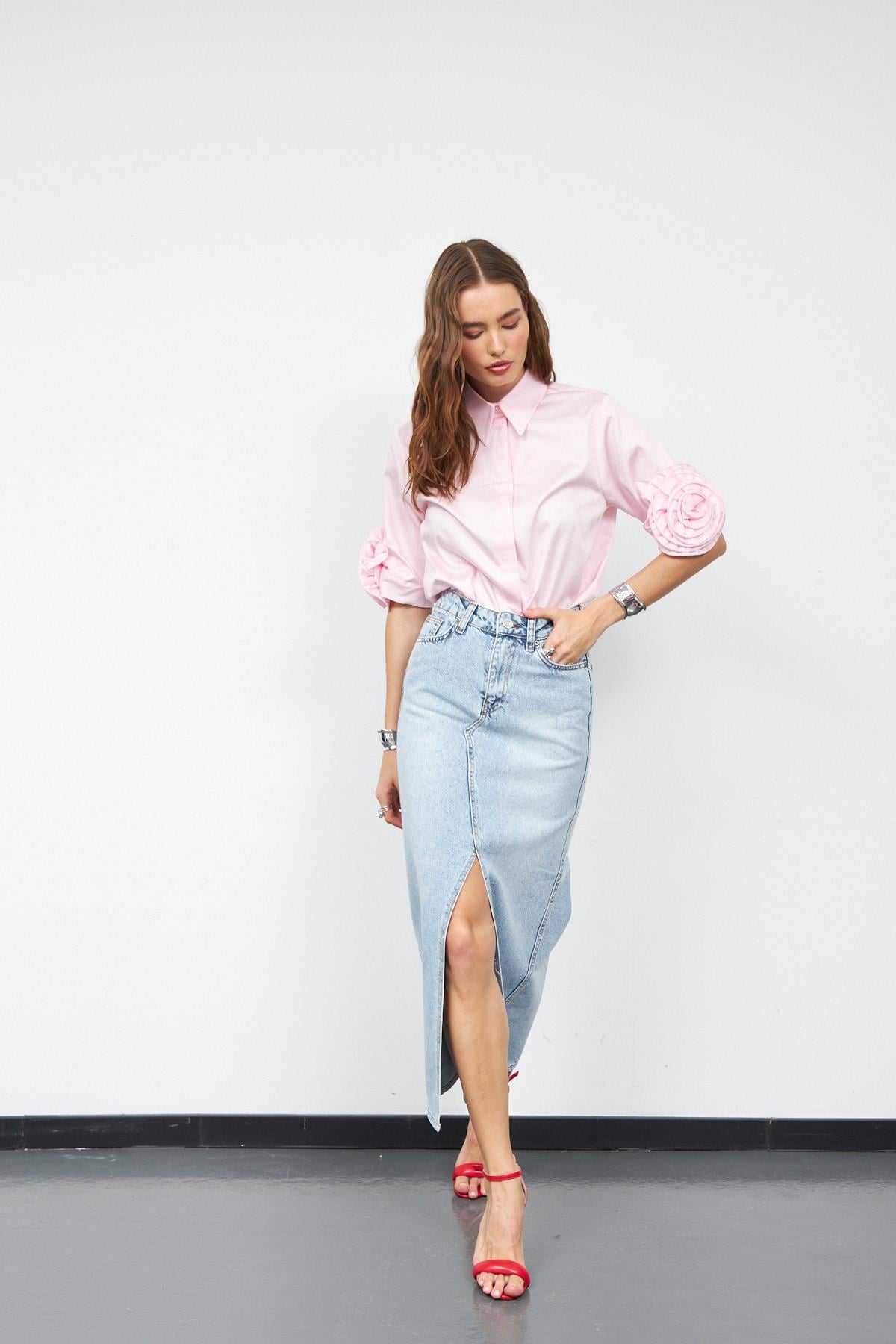 Cindy Yırtmaç Detaylı Maxi Boy Denim Etek LİGHT BLUE