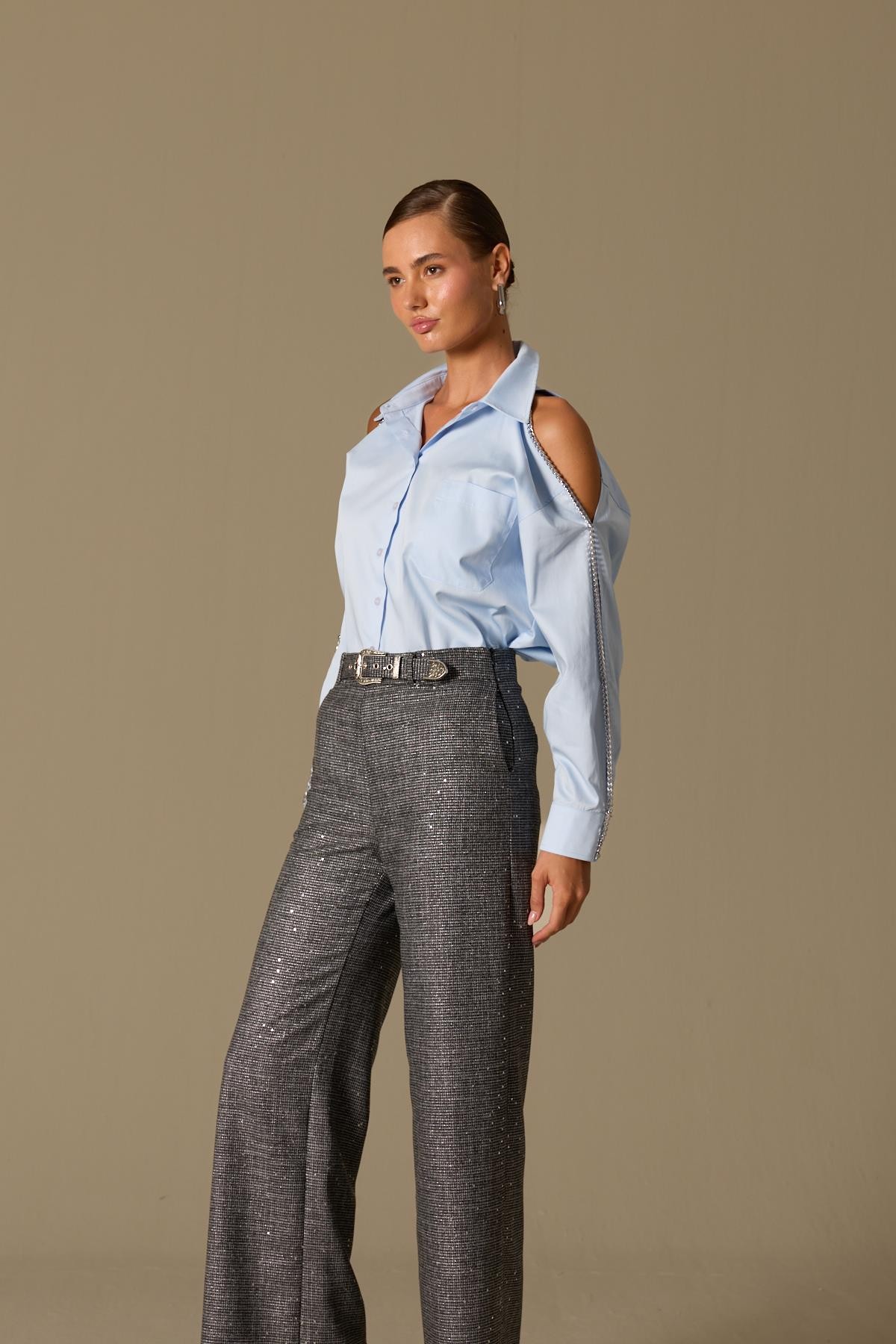 City Chic Payet Detaylı Kemerli Kumaş Pantolon SİYAH-GÜMÜŞ