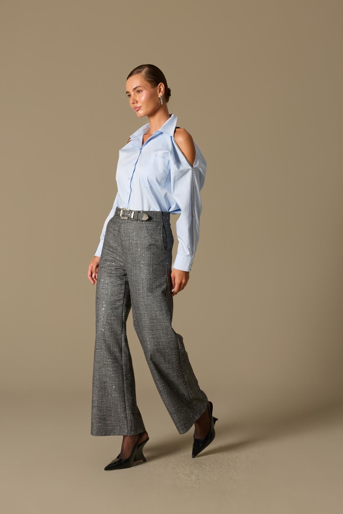 City Chic Payet Detaylı Kemerli Kumaş Pantolon SİYAH-GÜMÜŞ