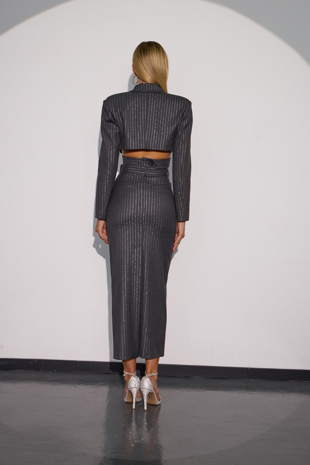 City Glam Bel Detaylı Sim Çizgili Crop ANTRASİT-GÜMÜŞ