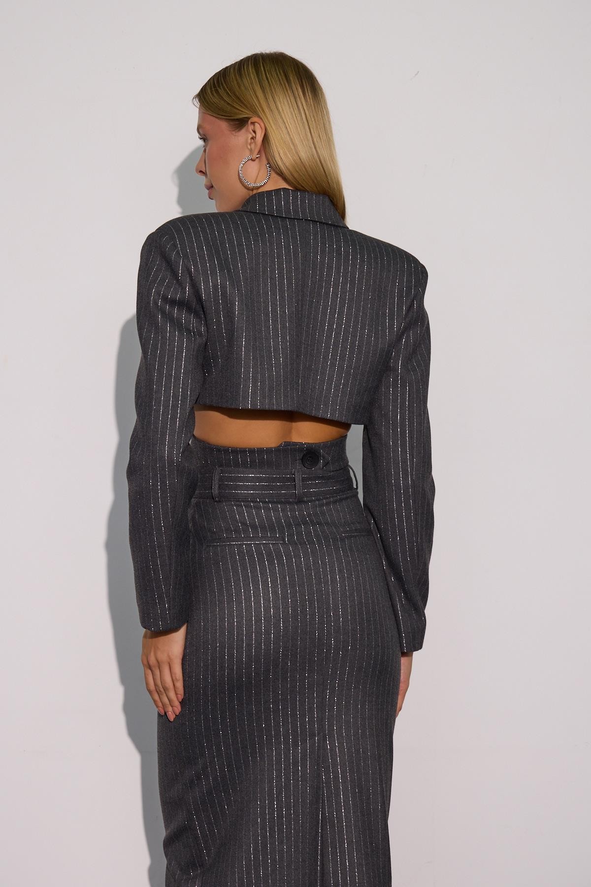 City Glam Bel Detaylı Sim Çizgili Crop ANTRASİT-GÜMÜŞ