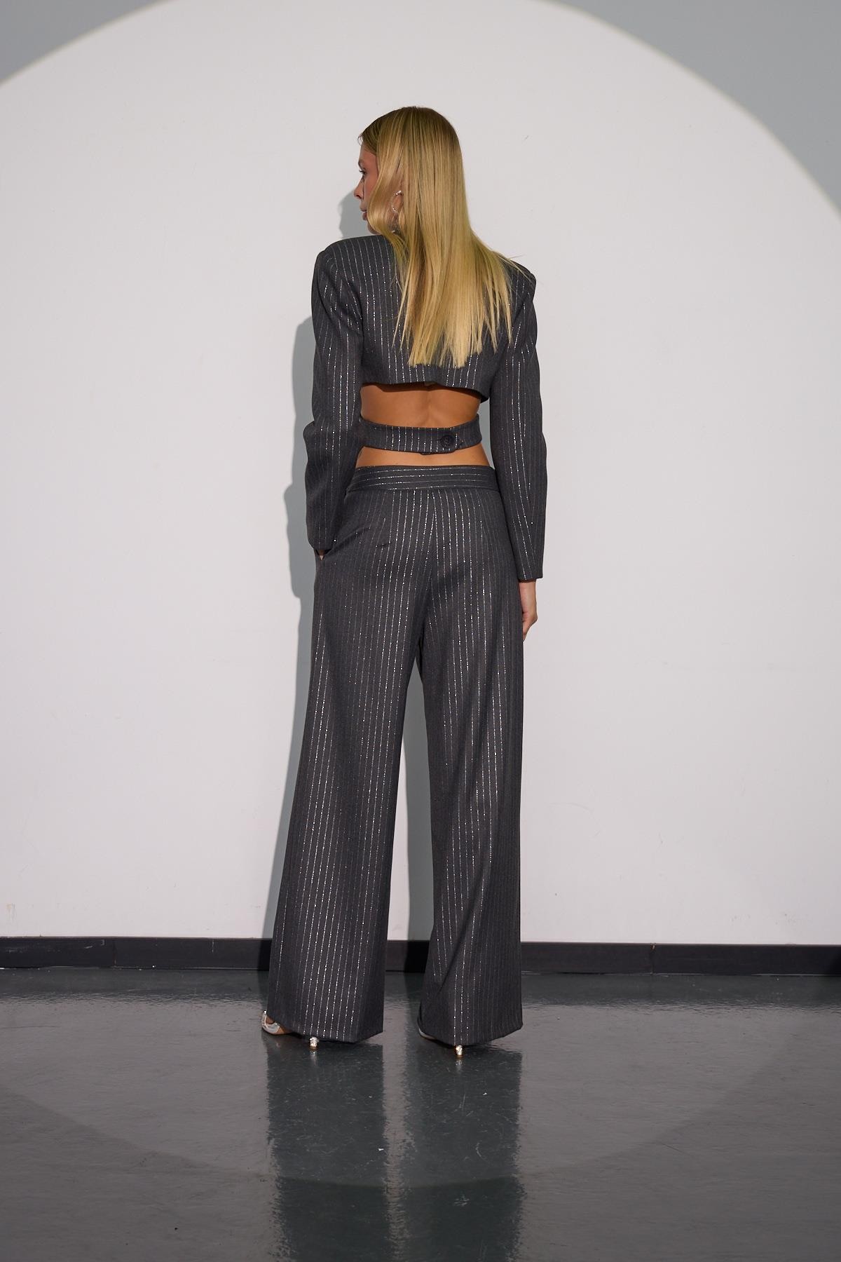City Glam Bel Detaylı Sim Çizgili Crop ANTRASİT-GÜMÜŞ