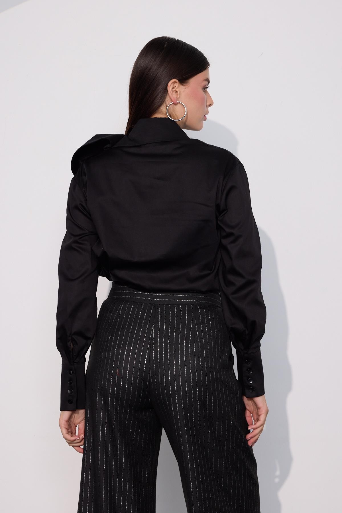 City Glam Bel Detaylı Sim Çizgili Kumaş Pantolon SİYAH-GÜMÜŞ
