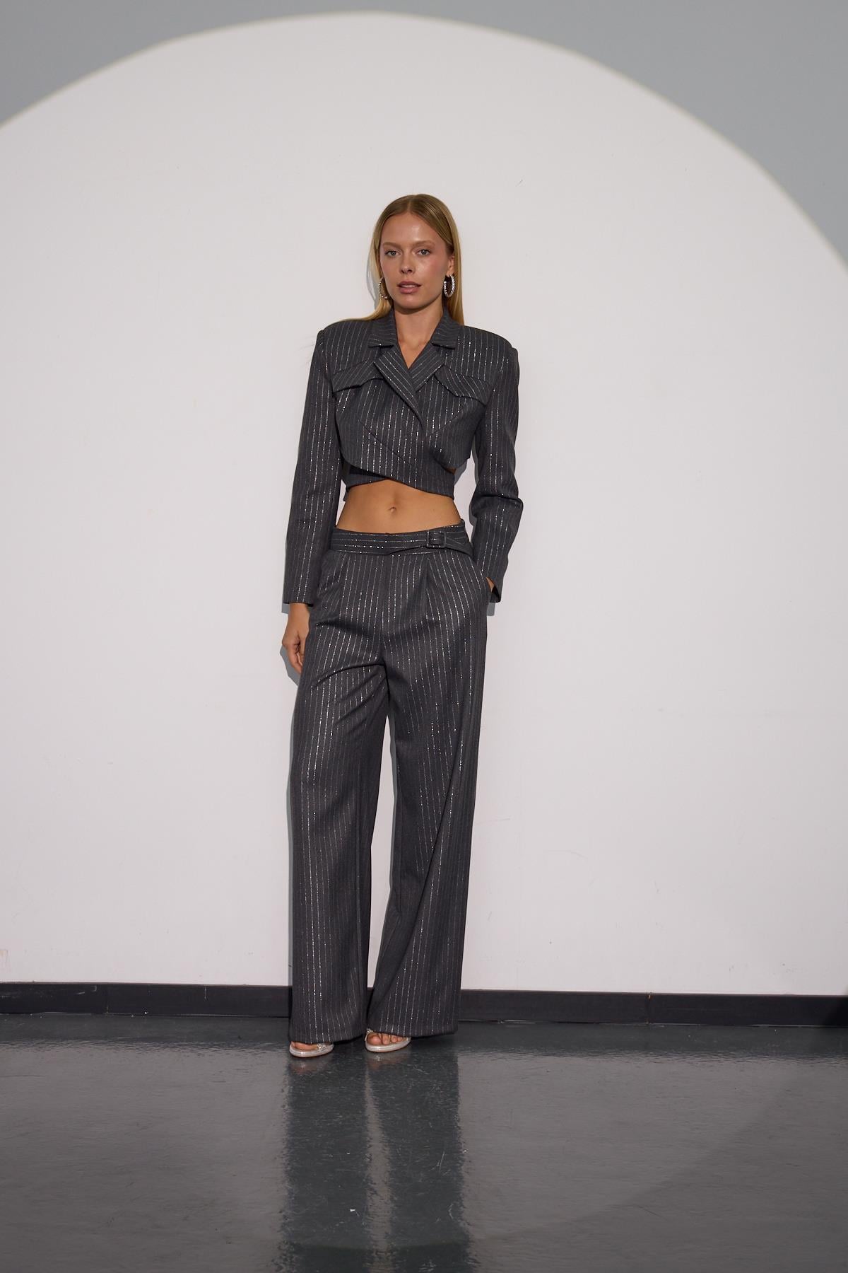City Glam Bel Detaylı Sim Çizgili Kumaş Pantolon ANTRASİT-GÜMÜŞ