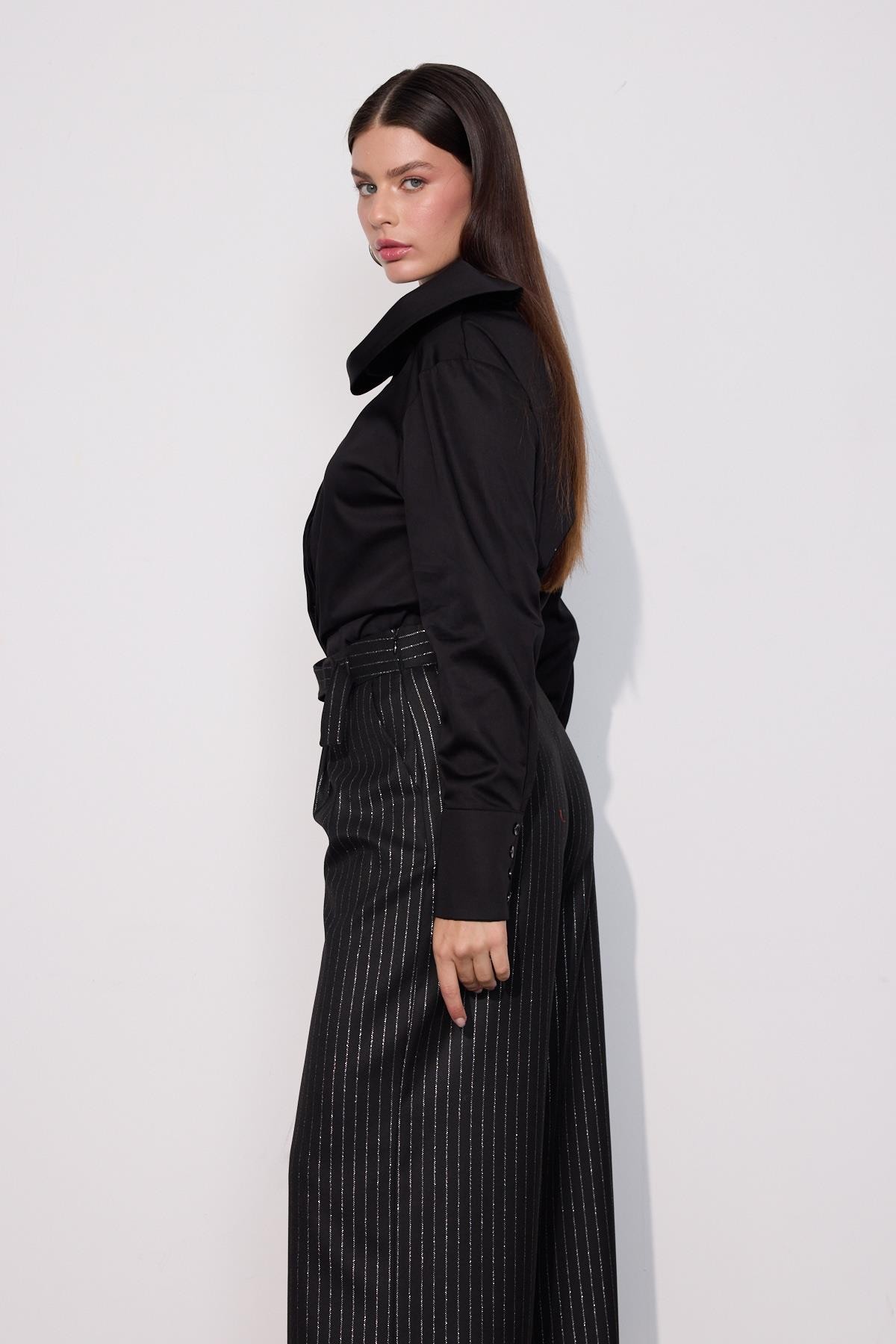 City Glam Bel Detaylı Sim Çizgili Kumaş Pantolon SİYAH-GÜMÜŞ