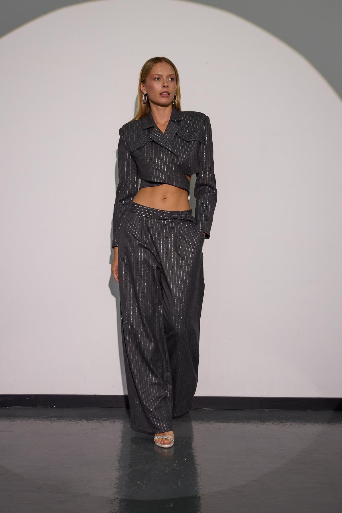 City Glam Bel Detaylı Sim Çizgili Kumaş Pantolon ANTRASİT-GÜMÜŞ