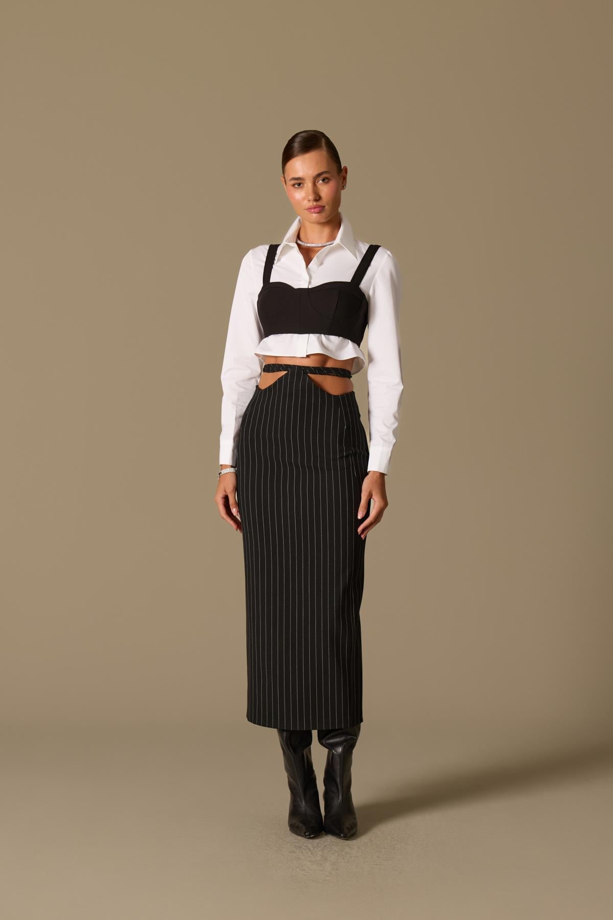 City Vibes Bel Detaylı Maxi Boy Çizgili Etek Siyah