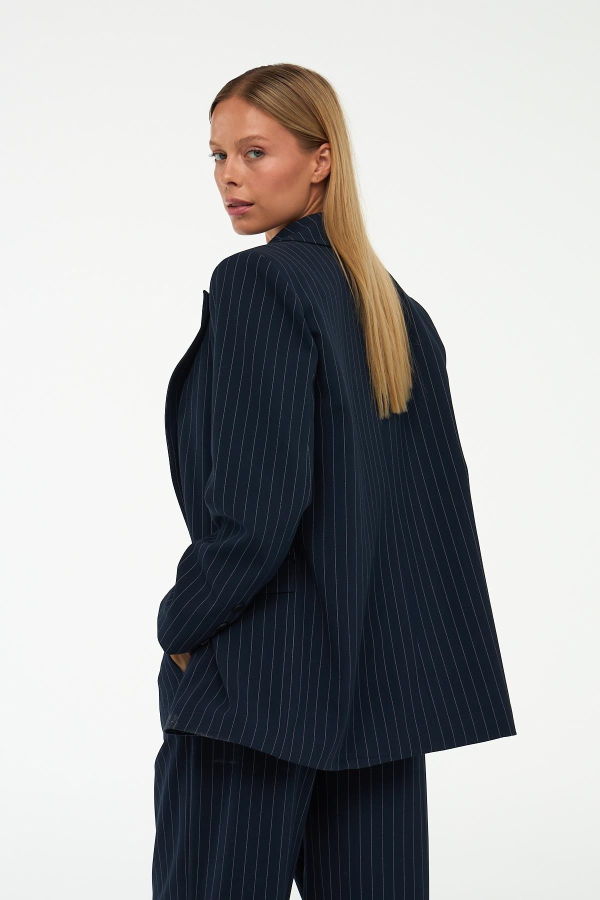 City Vibes Çizgili Oversize Blazer Ceket Lacivert