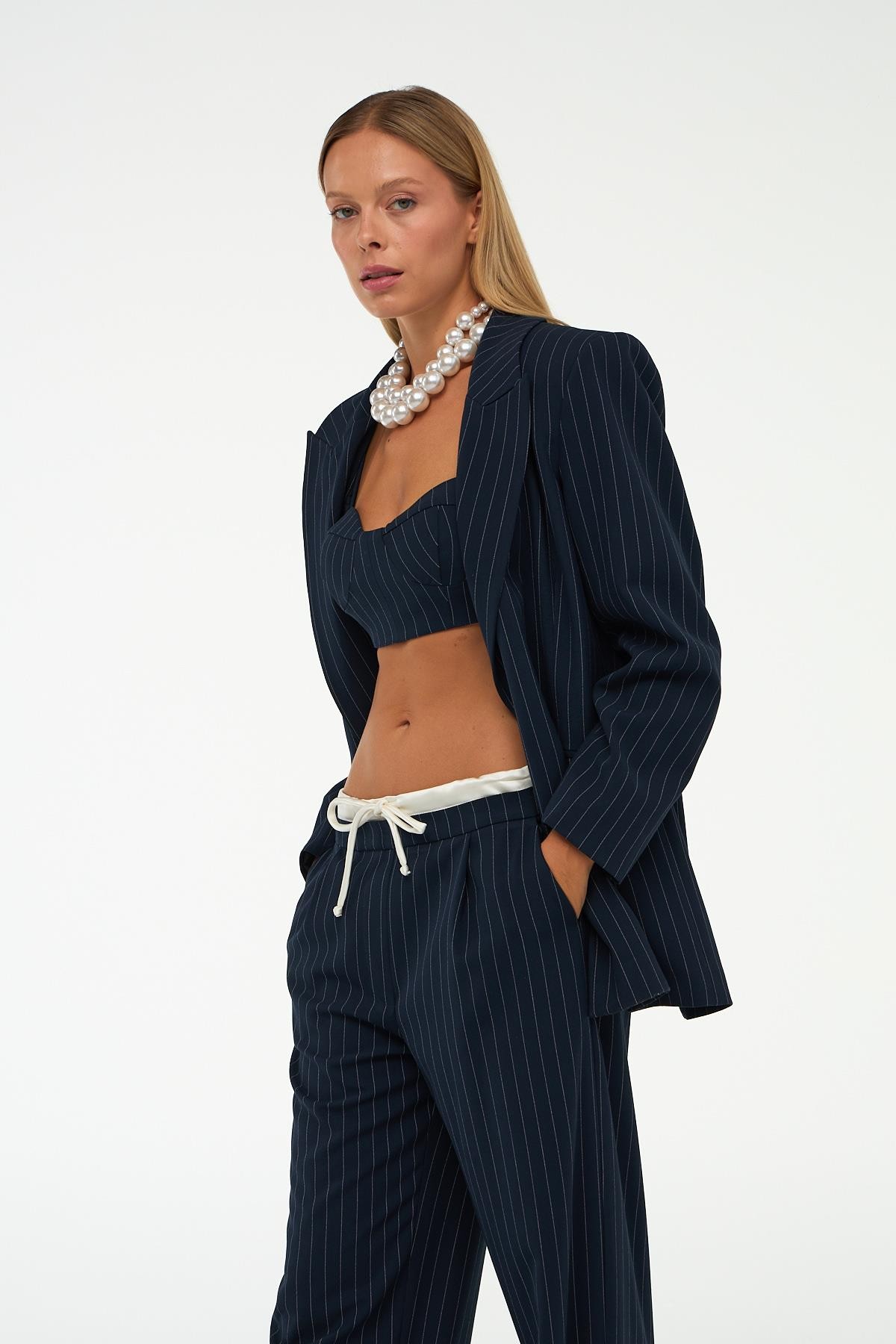 City Vibes Çizgili Oversize Blazer Ceket Lacivert