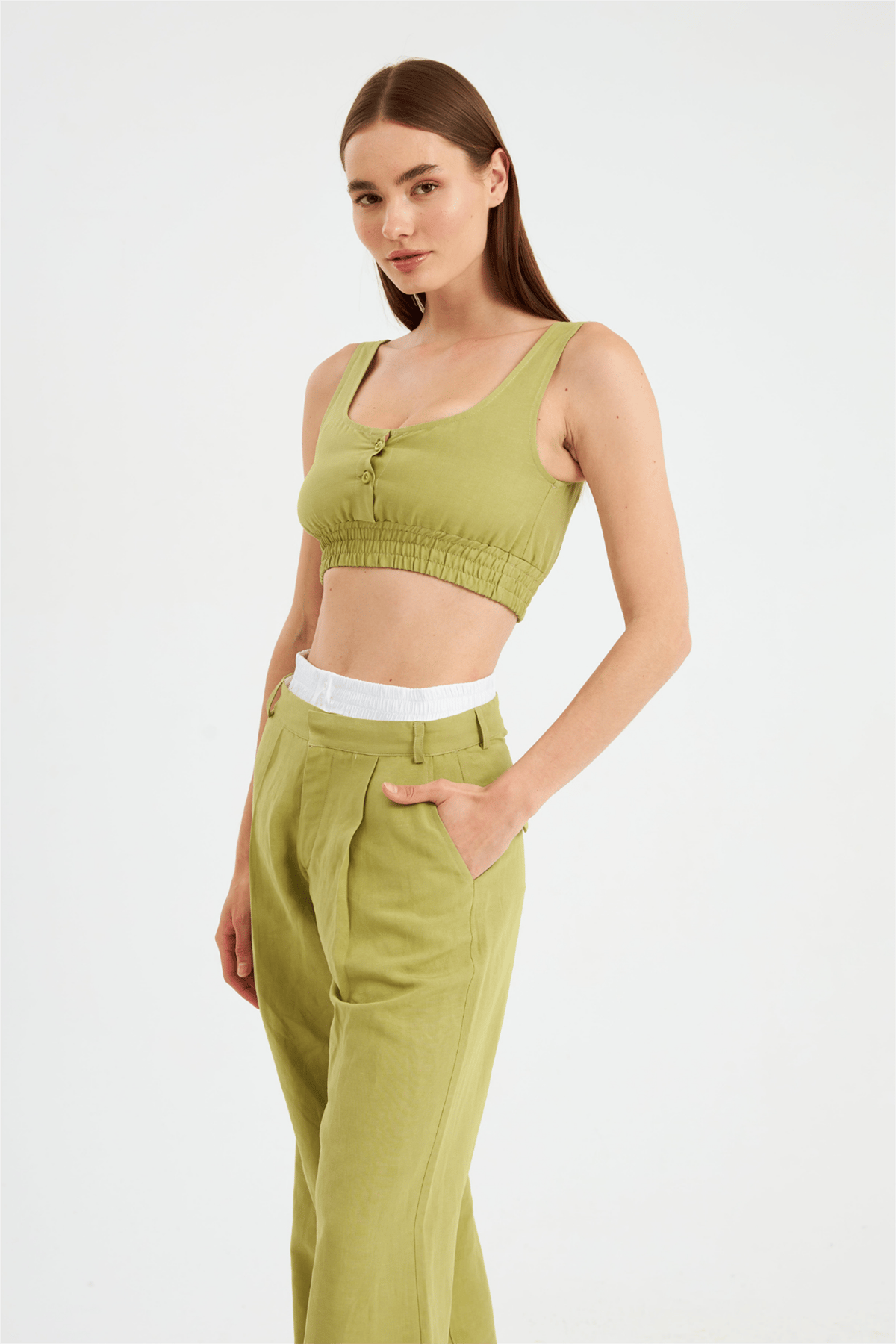 Cool Mode Serisi Boxer Detaylı Keten Pantolon YAG YESİLİ
