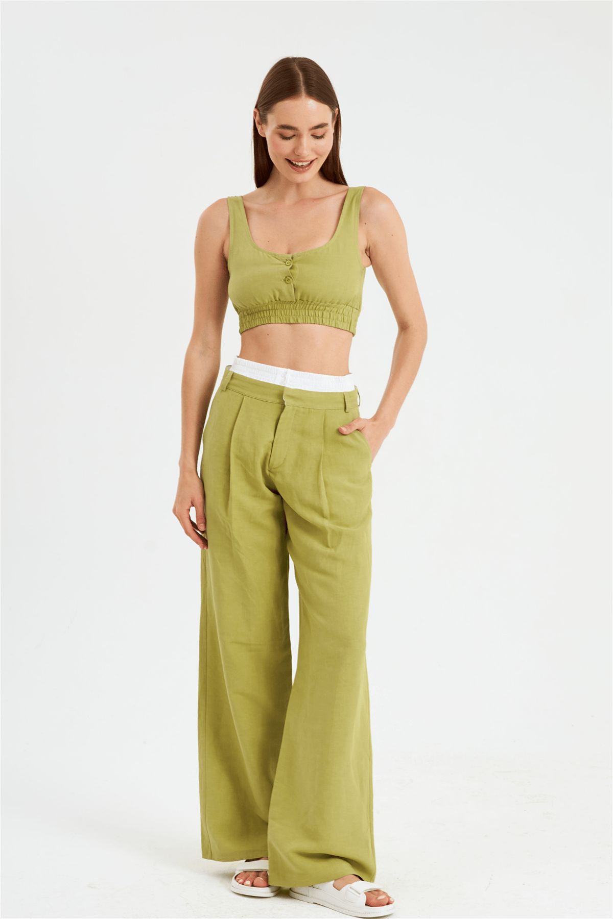 Cool Mode Serisi Boxer Detaylı Keten Pantolon YAG YESİLİ