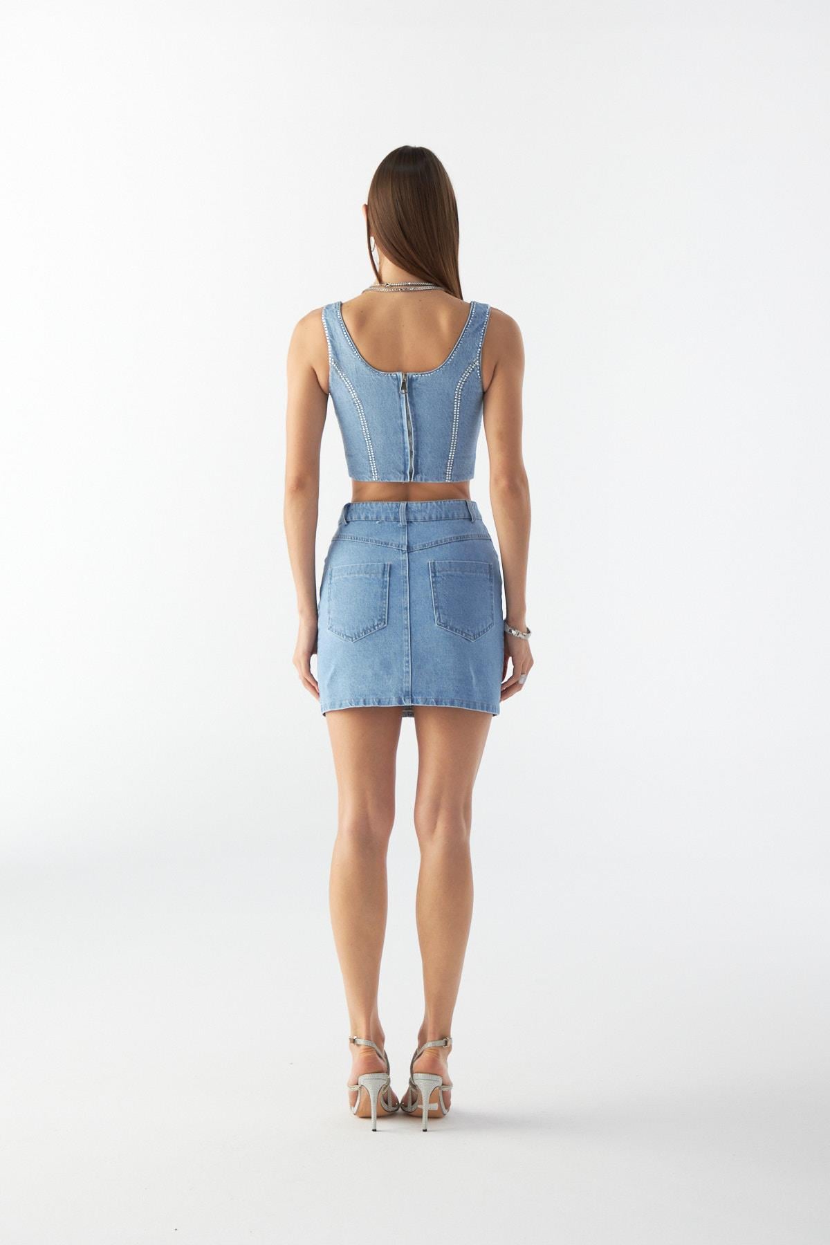 Crystal Charm Denim Büstiyer LİGHT BLUE