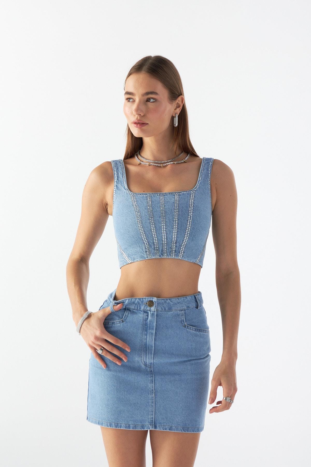 Crystal Charm Denim Büstiyer LİGHT BLUE