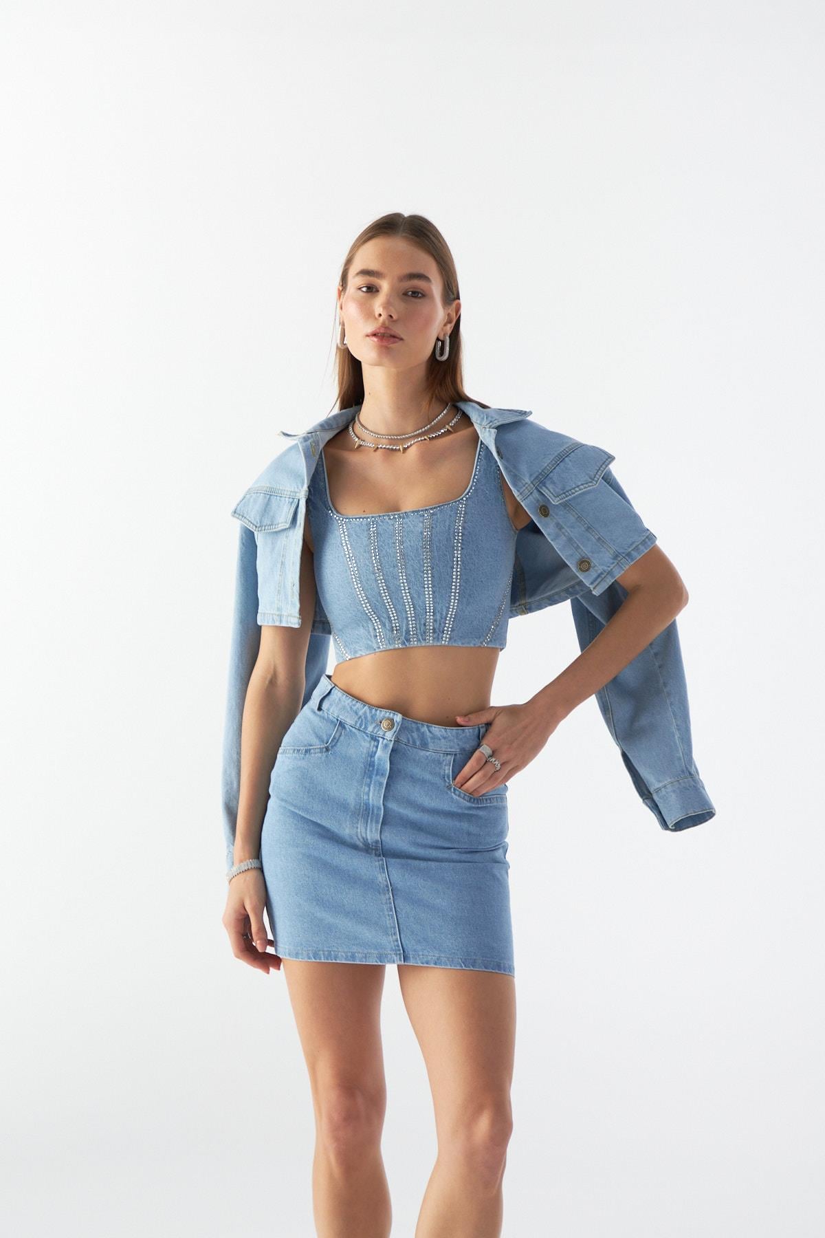 Crystal Charm Denim Büstiyer LİGHT BLUE