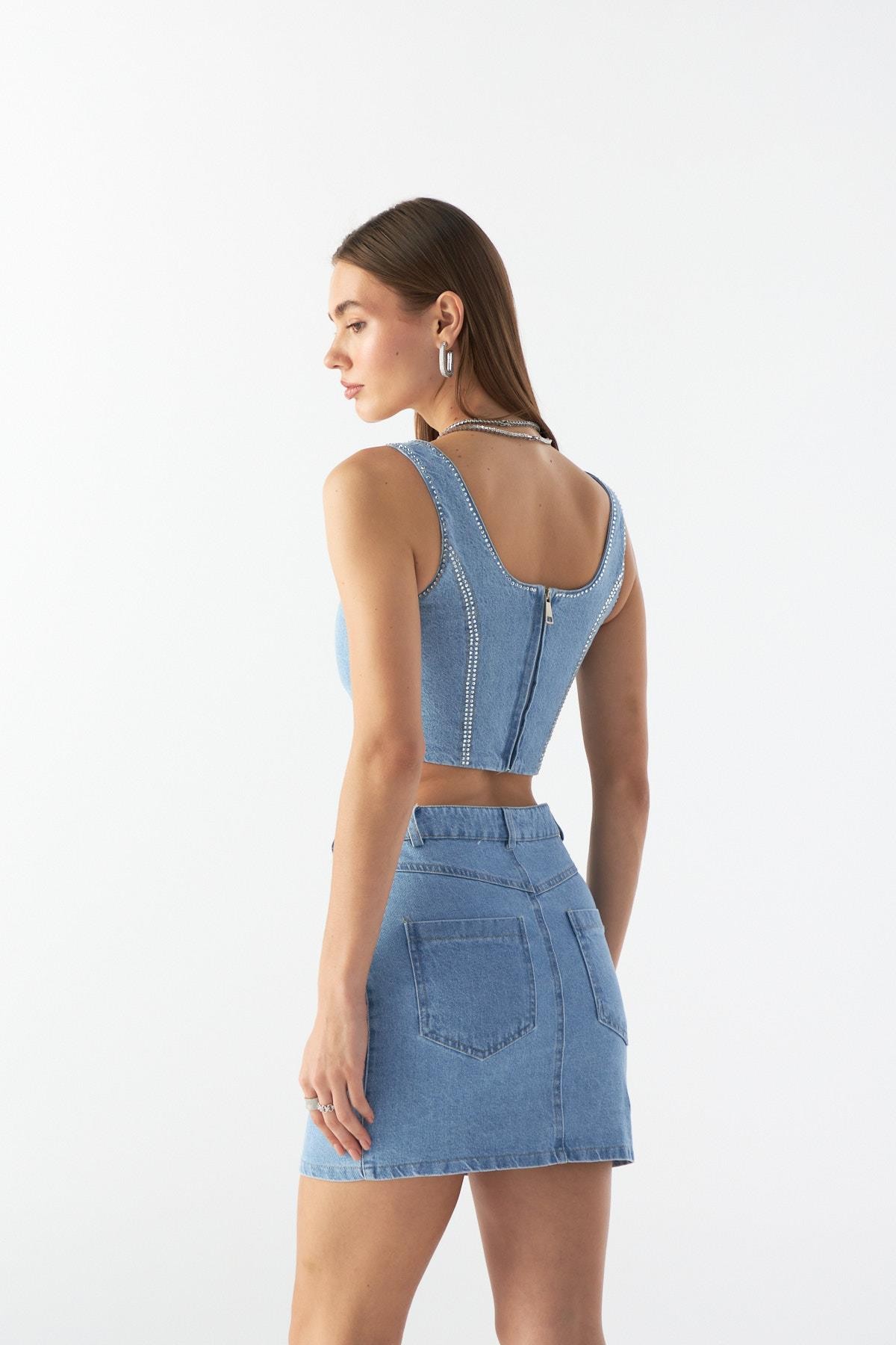 Crystal Charm Denim Büstiyer LİGHT BLUE
