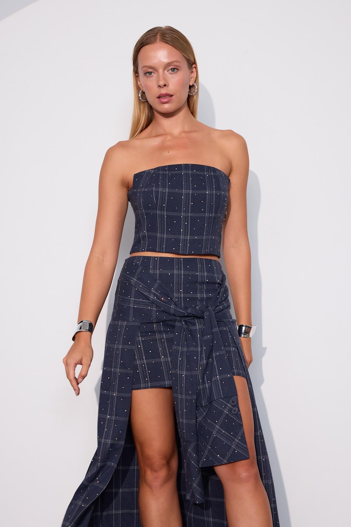 Crystal Plaid Gömlek Görünümlü Ekoseli Etek İNDİGO