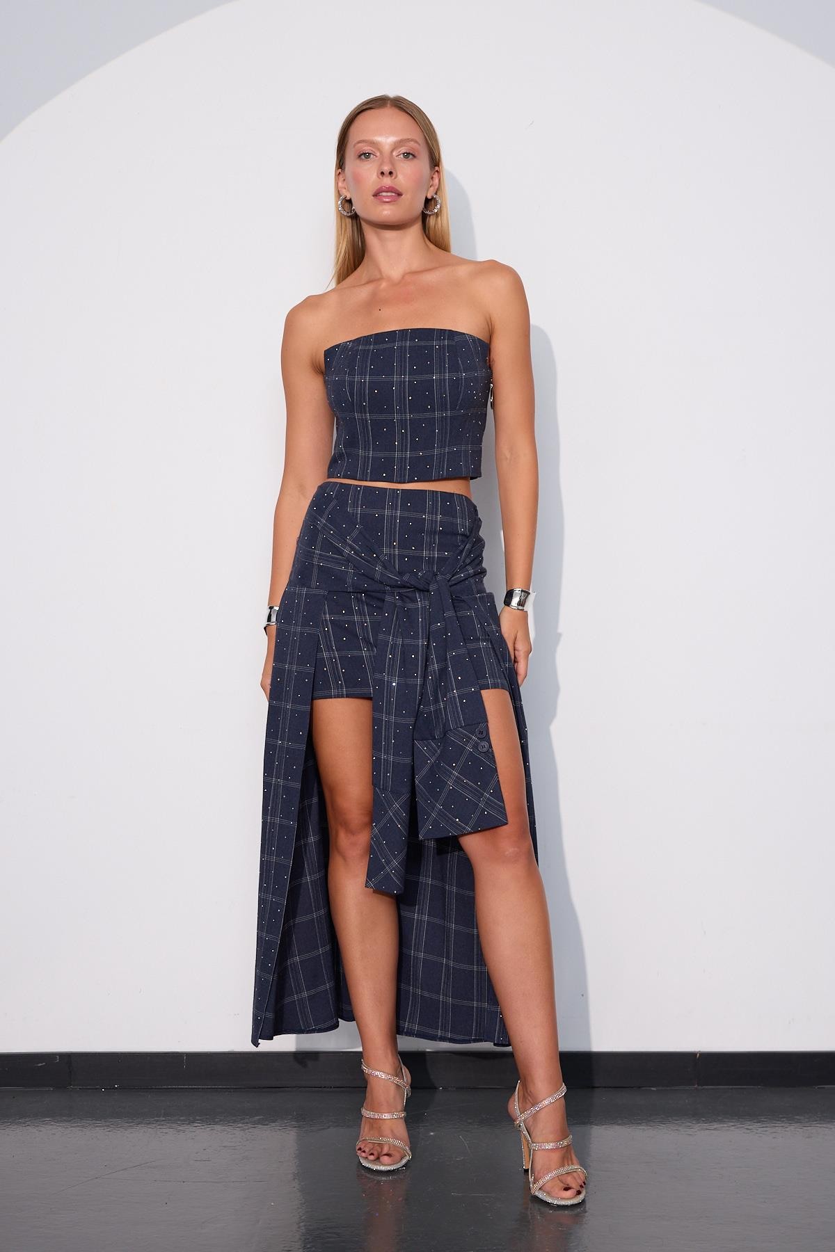 Crystal Plaid Gömlek Görünümlü Ekoseli Etek İNDİGO