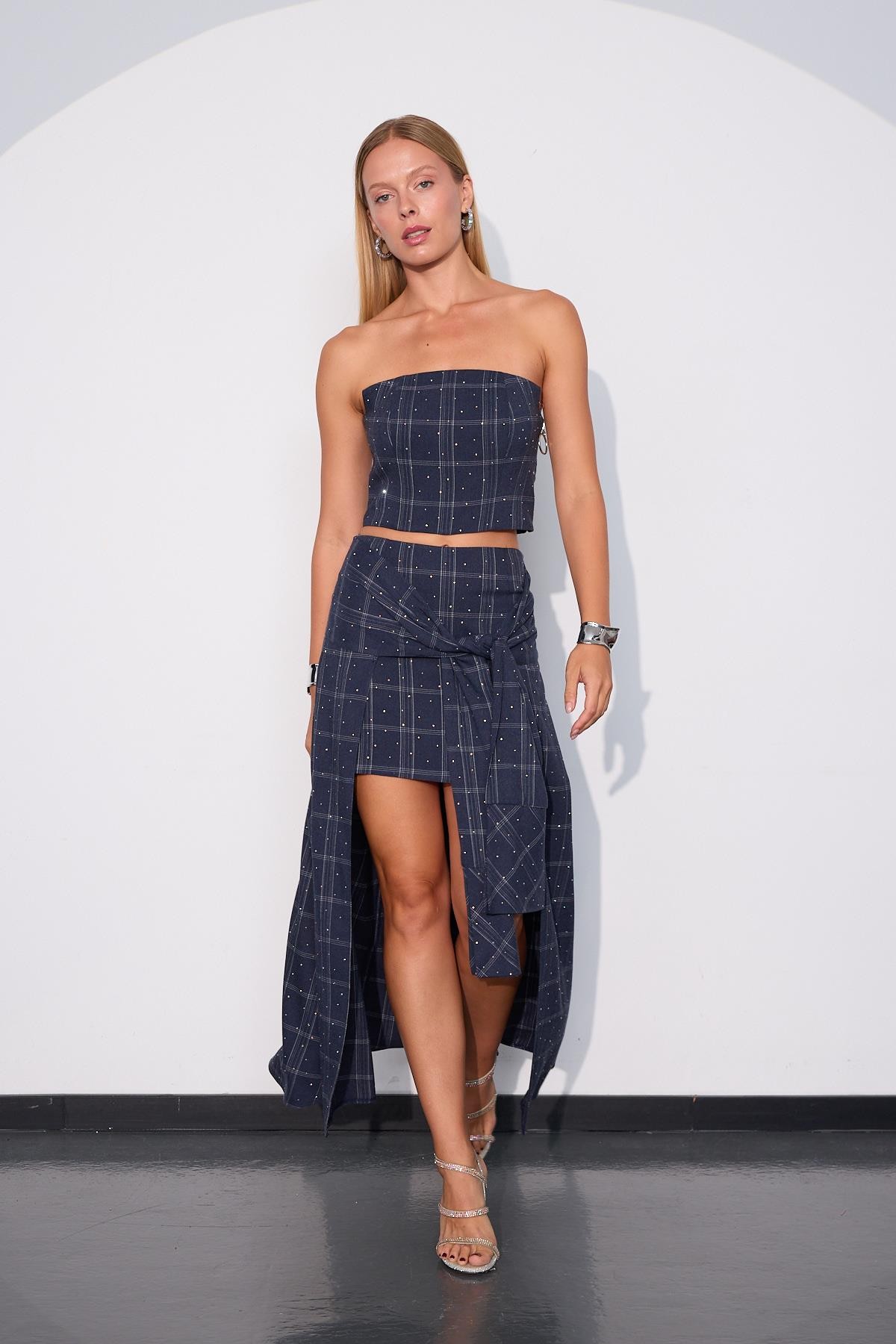 Crystal Plaid Gömlek Görünümlü Ekoseli Etek İNDİGO
