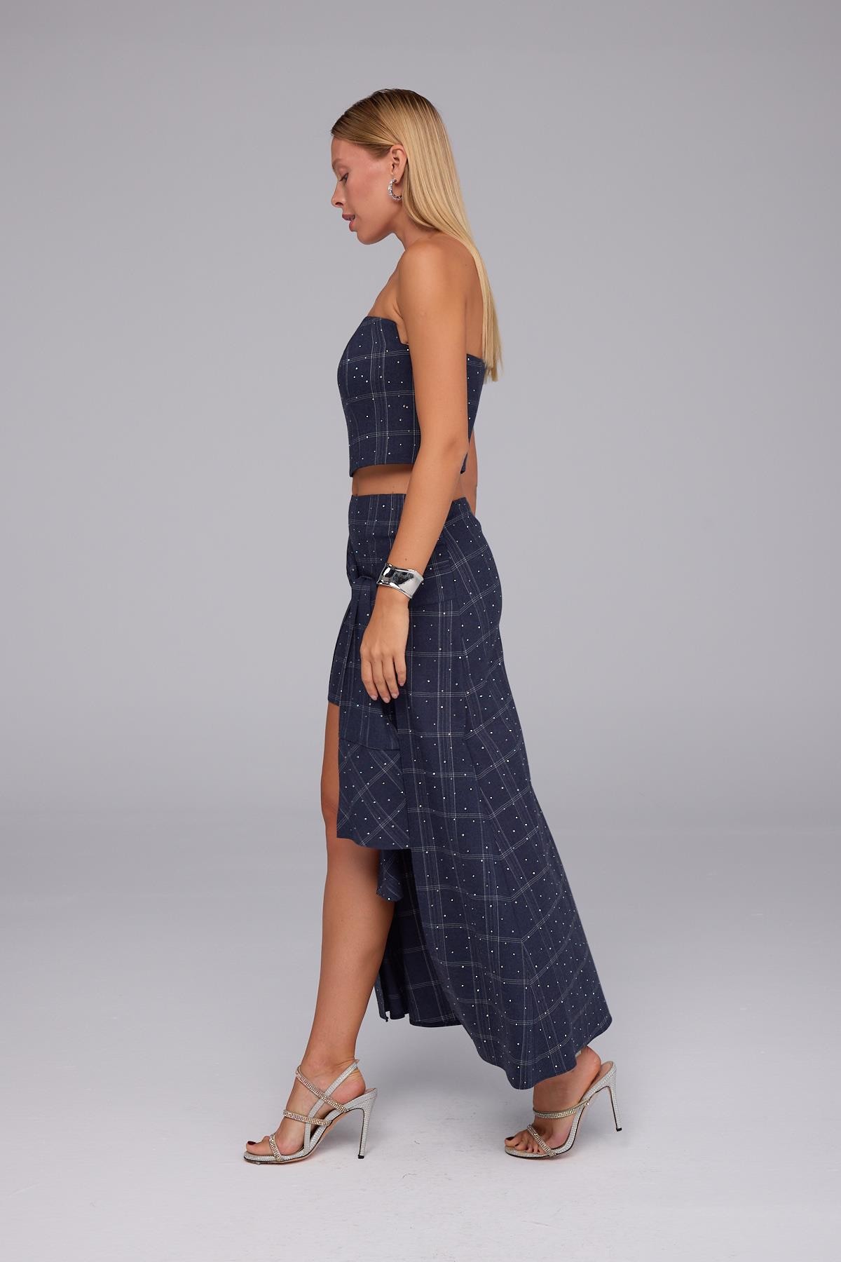 Crystal Plaid Gömlek Görünümlü Ekoseli Etek İNDİGO