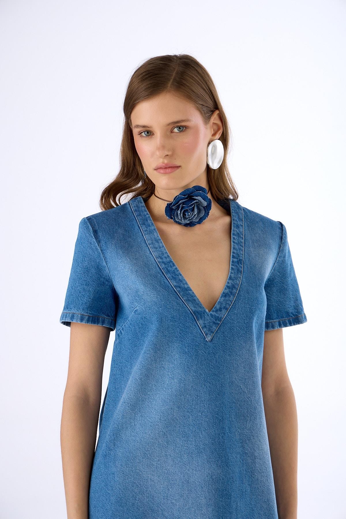 Denim Jewelled Sporty Elegance Mini Elbise LİGHT BLUE