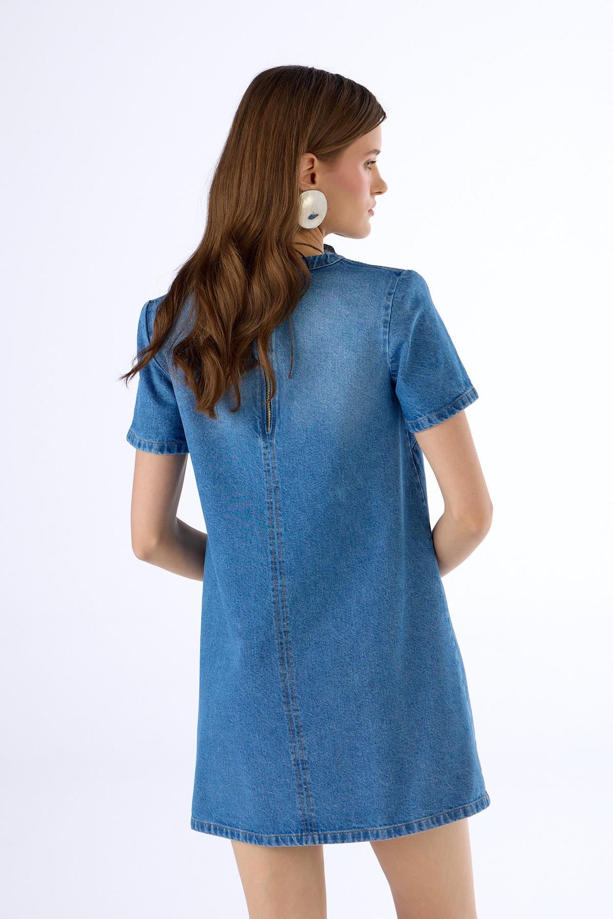 Denim Jewelled Sporty Elegance Mini Elbise LİGHT BLUE