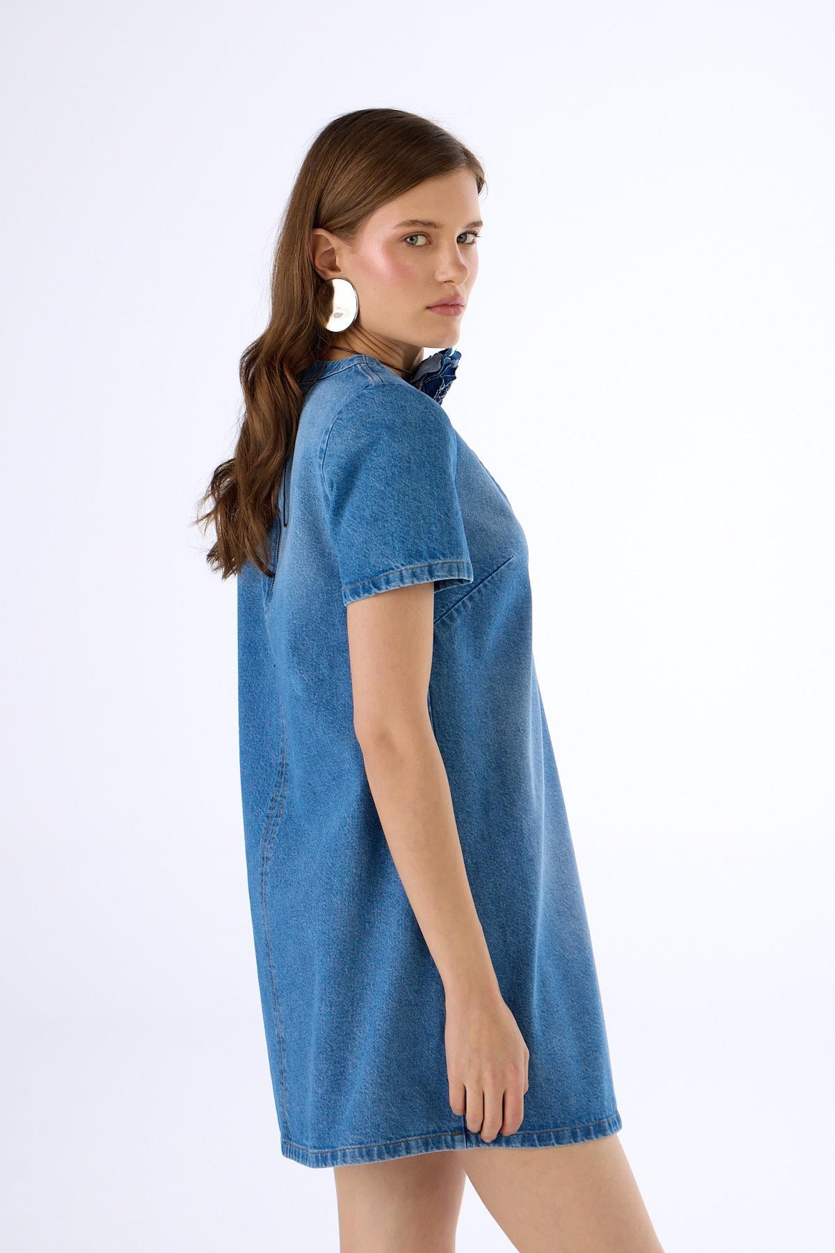 Denim Jewelled Sporty Elegance Mini Elbise LİGHT BLUE