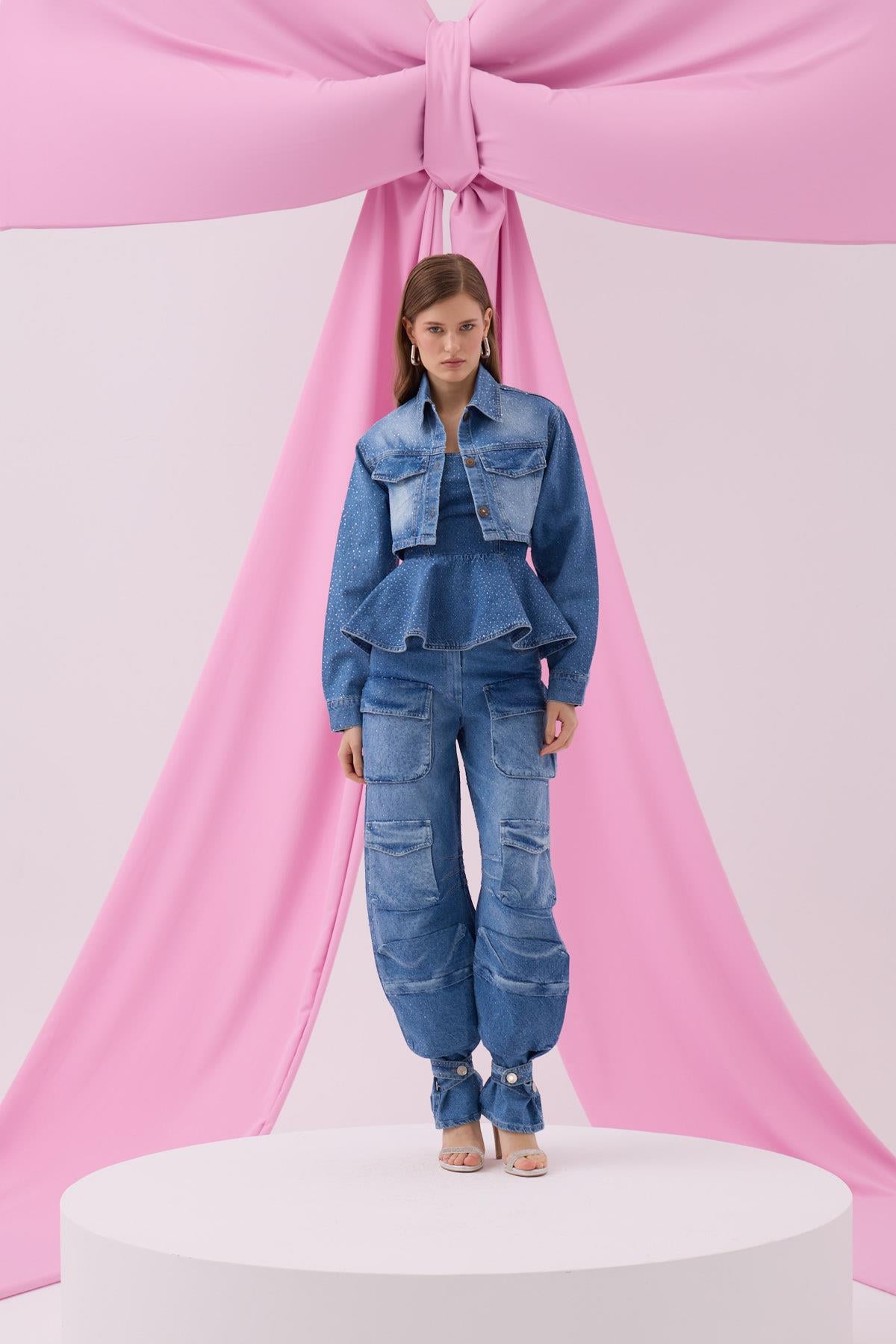 Diamond Bomb Crop Denim Ceket LİGHT BLUE