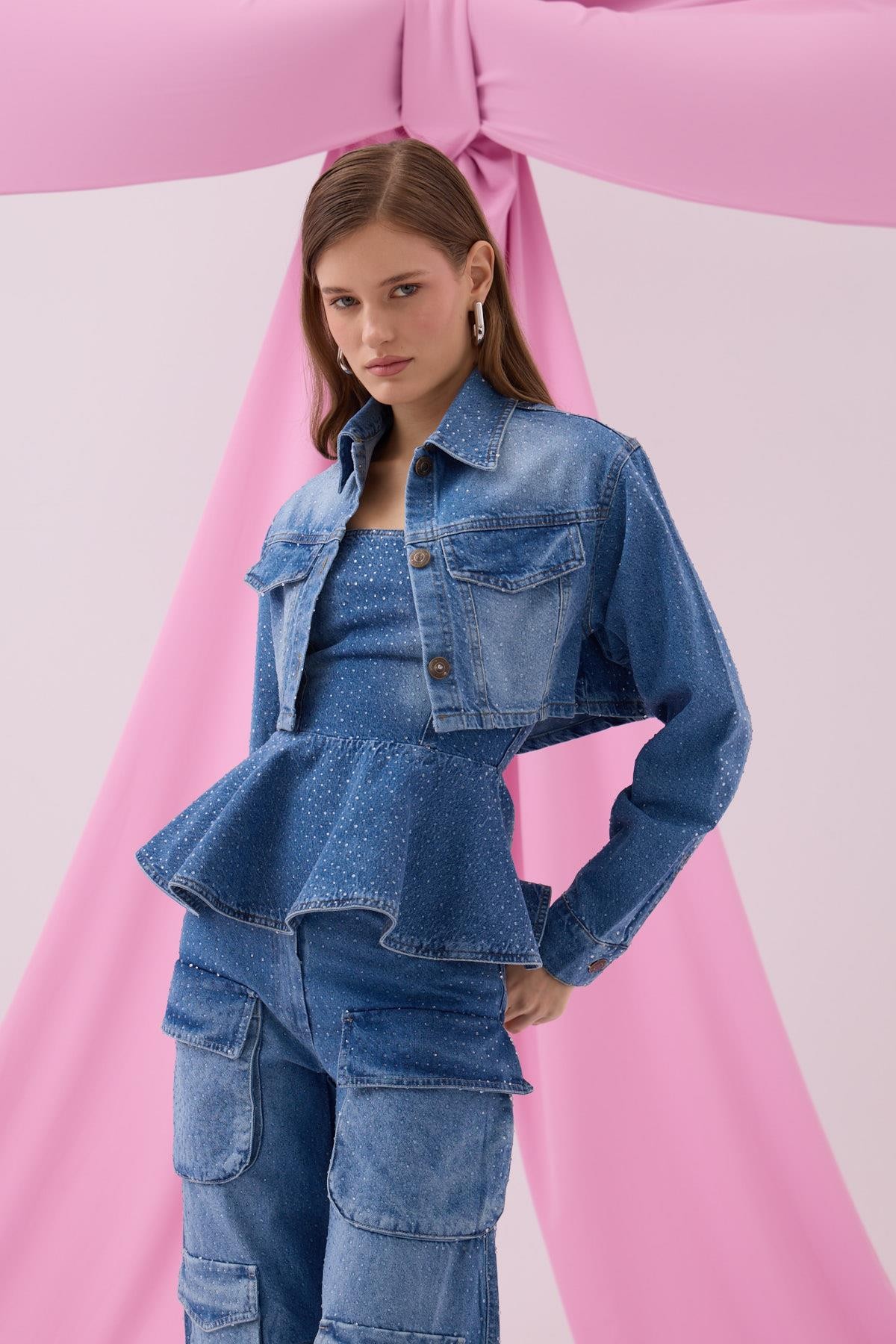 Diamond Bomb Crop Denim Ceket LİGHT BLUE