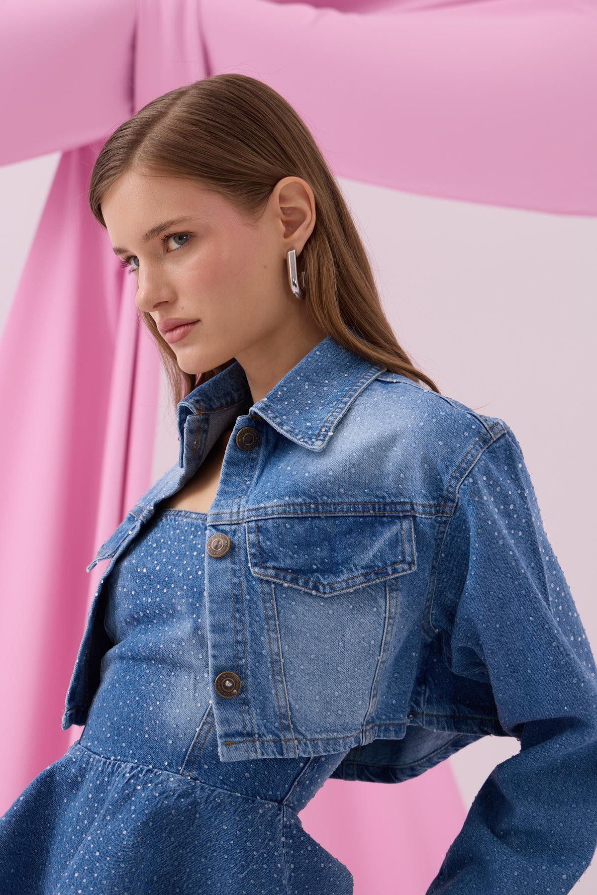 Diamond Bomb Crop Denim Ceket LİGHT BLUE
