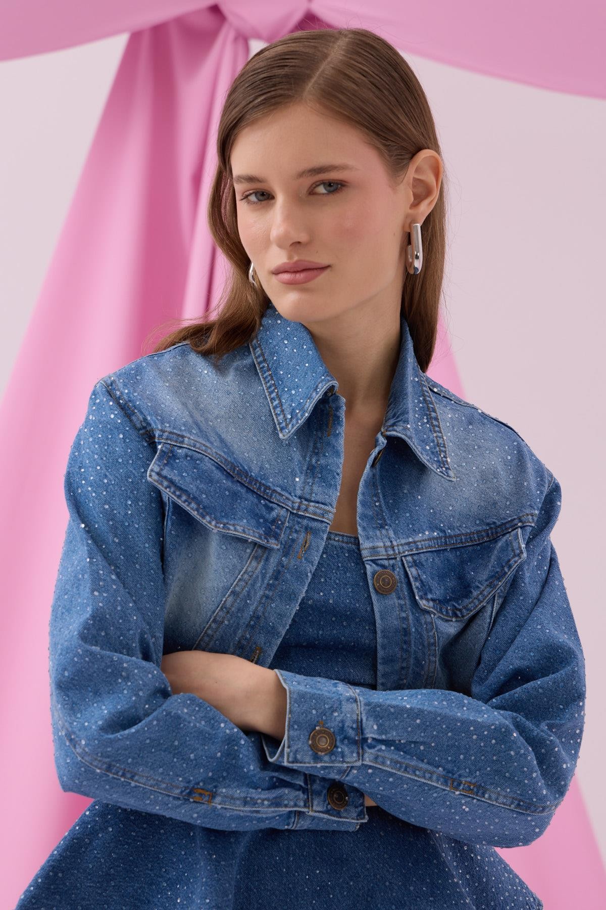 Diamond Bomb Crop Denim Ceket LİGHT BLUE