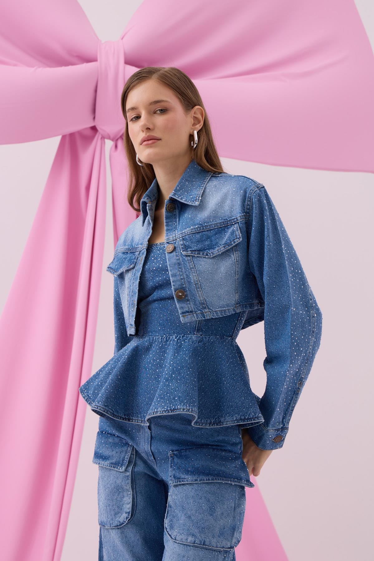 Diamond Bomb Crop Denim Ceket LİGHT BLUE
