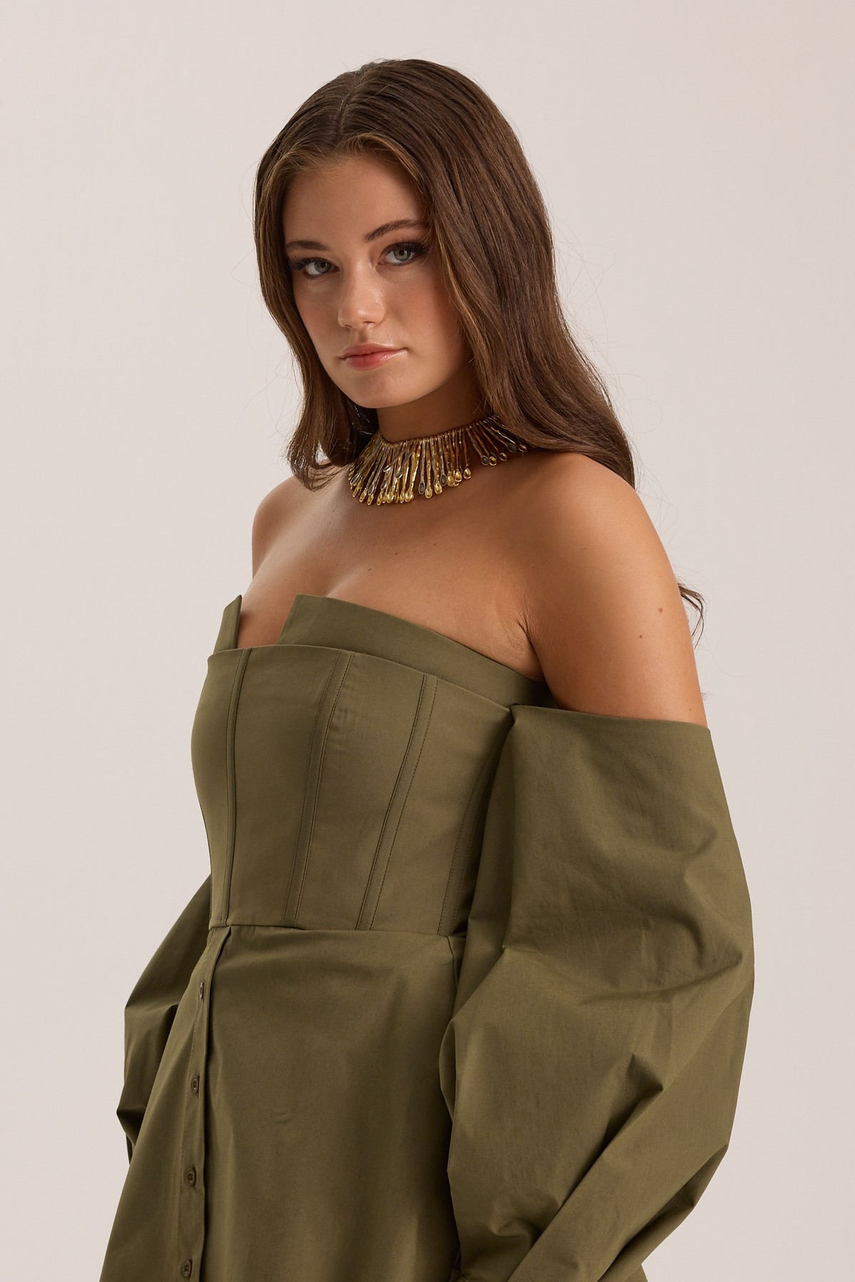 Dusk Volume %100 Cotton Corset Shirt Top Khaki