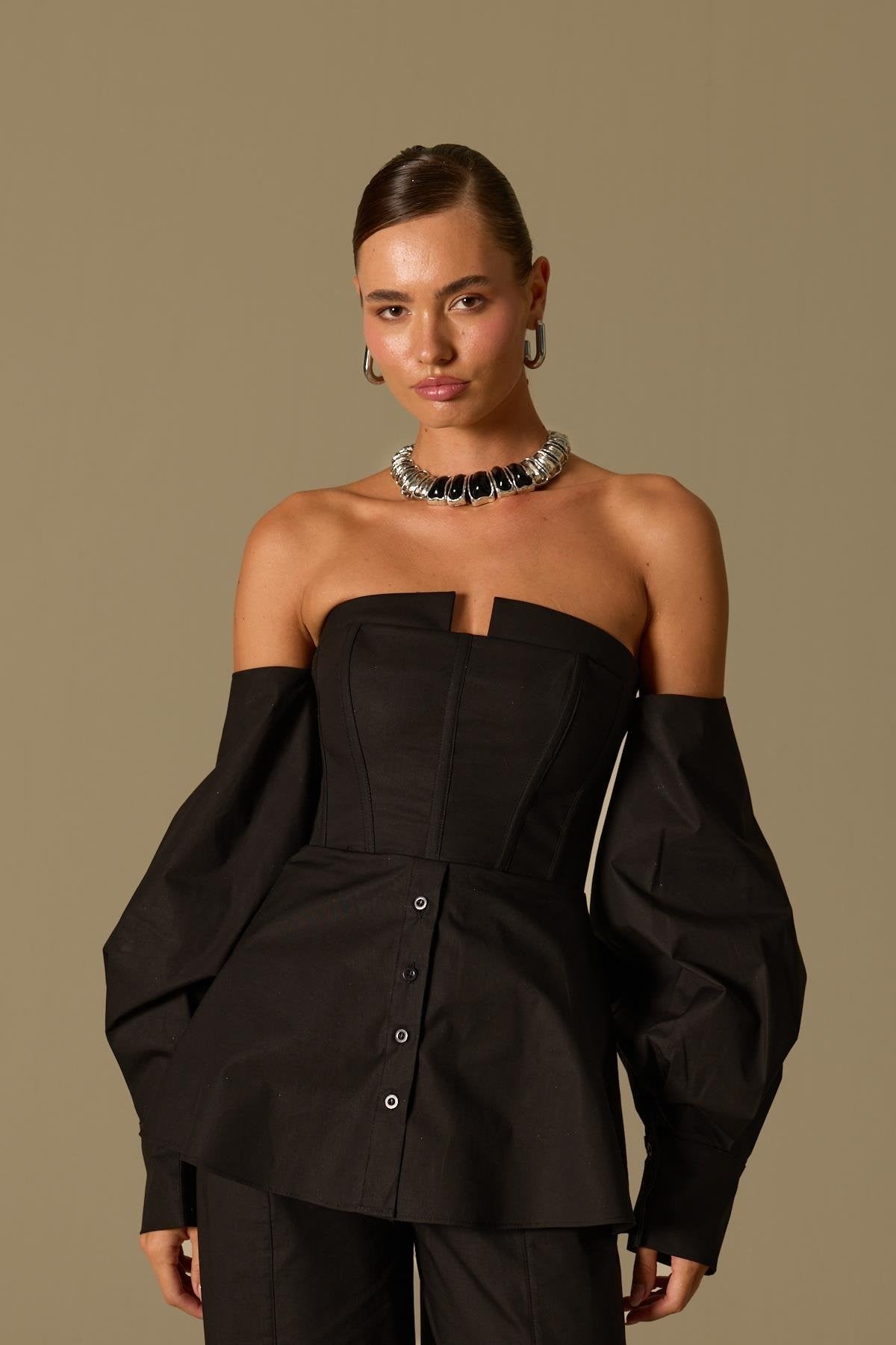 Dusk Volume 100% Cotton Corset Shirt Top Black