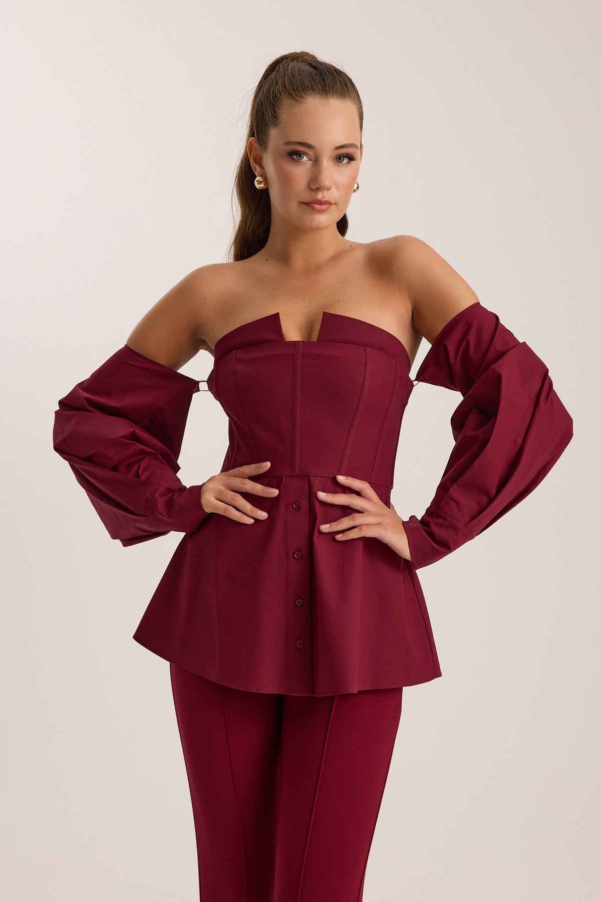Dusk Volume %100 Cotton Corset Shirt Top Burgundy