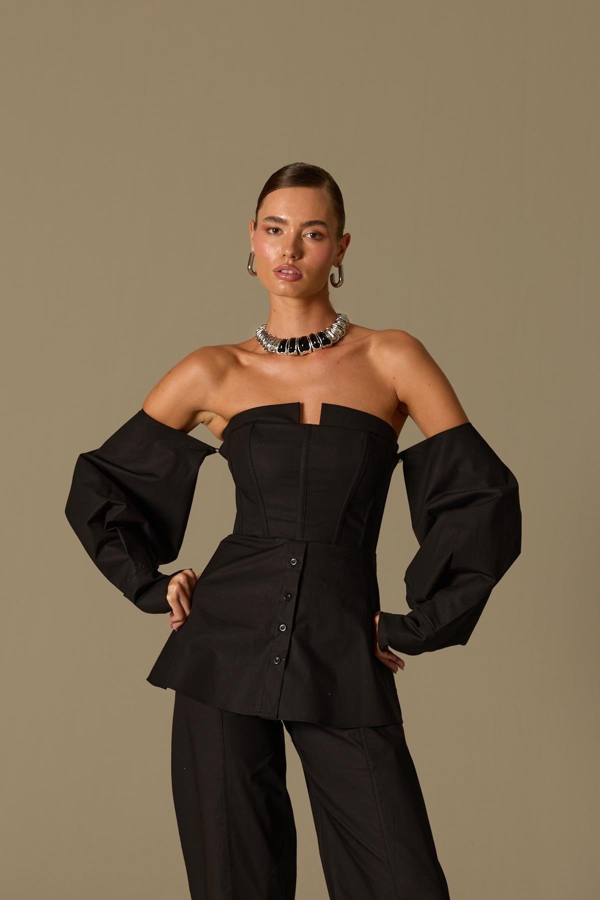 Dusk Volume 100% Cotton Corset Shirt Top Black