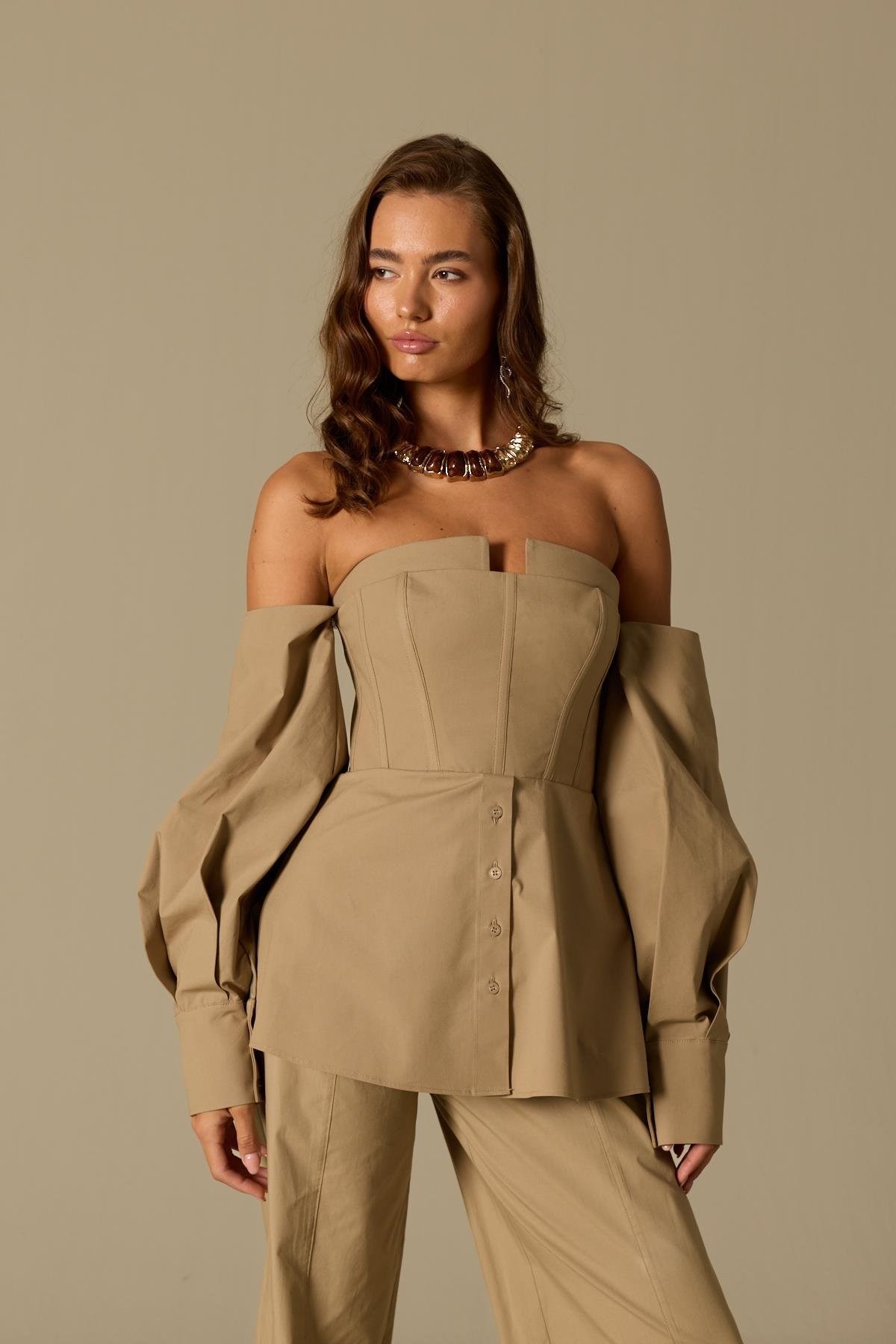 Dusk Volume %100 Cotton Corset Shirt Top Bronze Brown