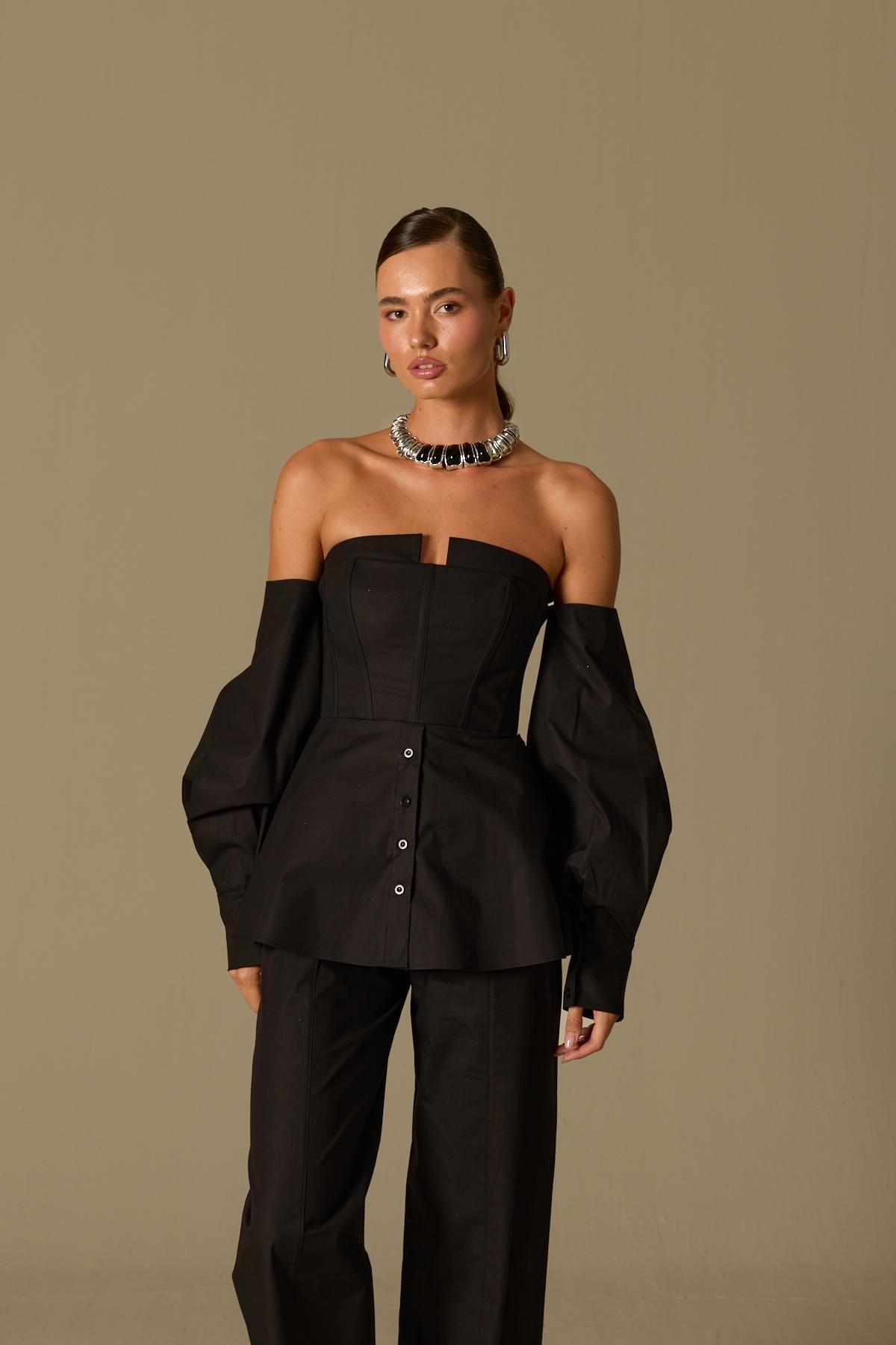 Dusk Volume 100% Cotton Corset Shirt Top Black