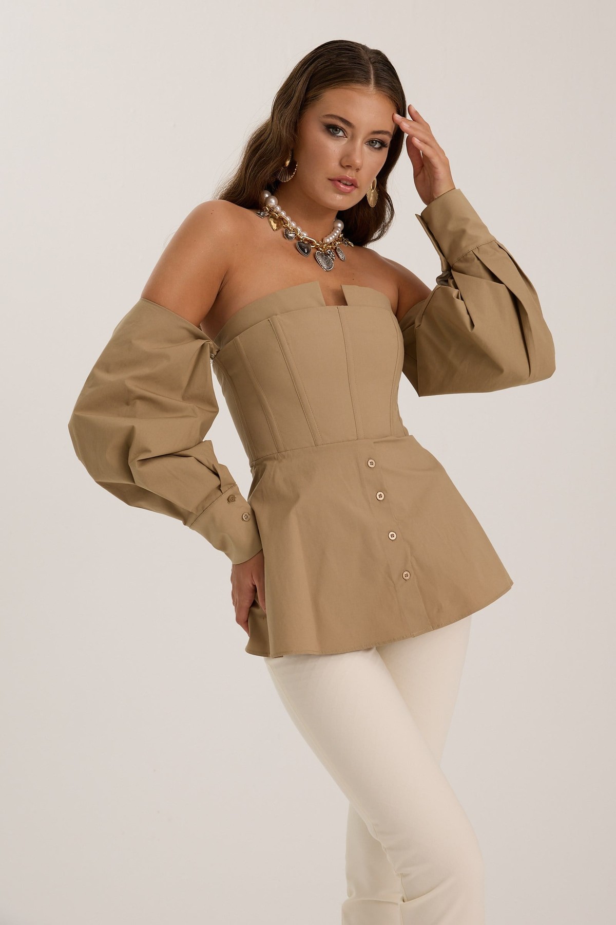 Dusk Volume %100 Cotton Corset Shirt Top Bronze Brown