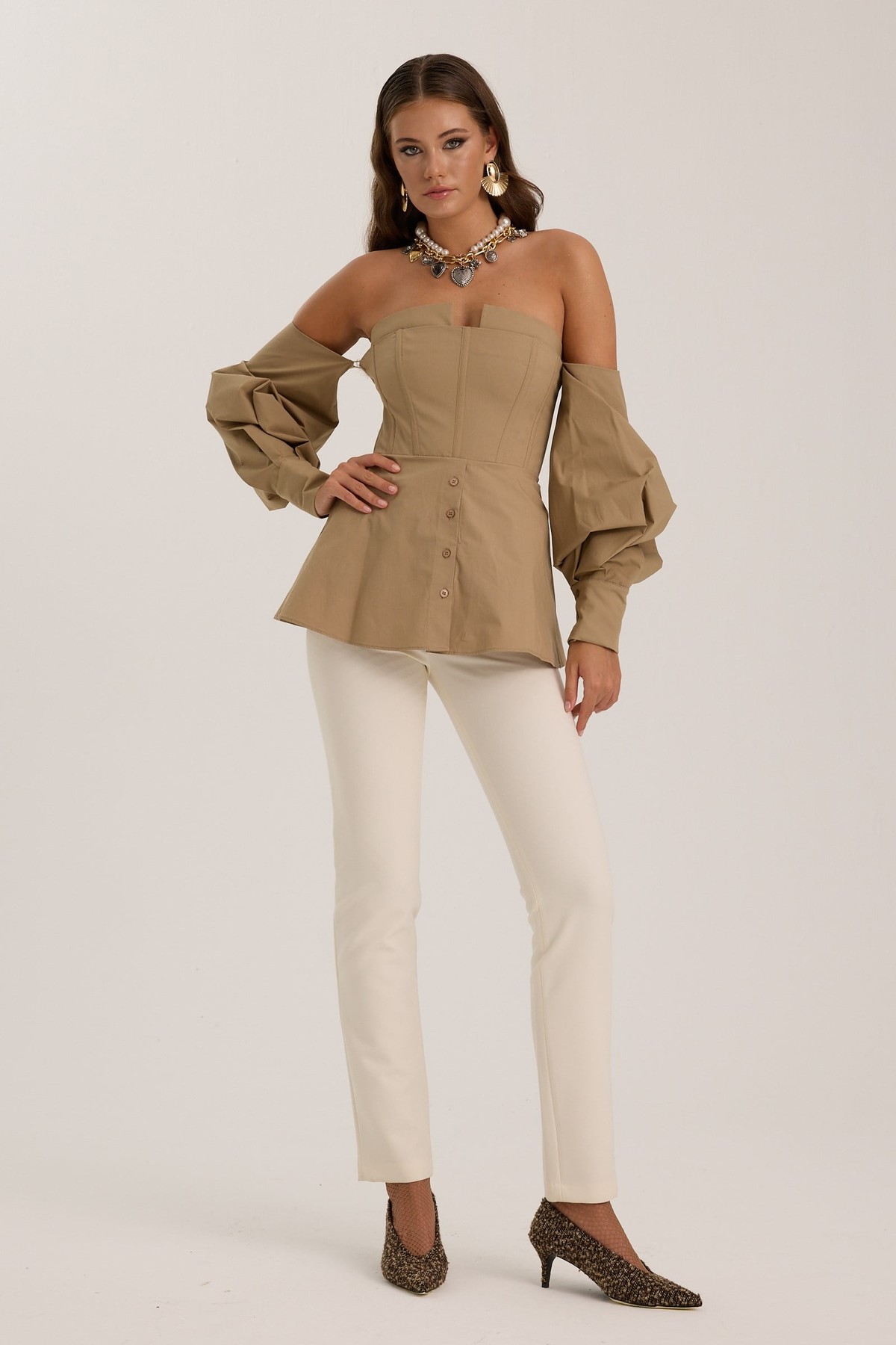 Dusk Volume %100 Cotton Corset Shirt Top Bronze Brown