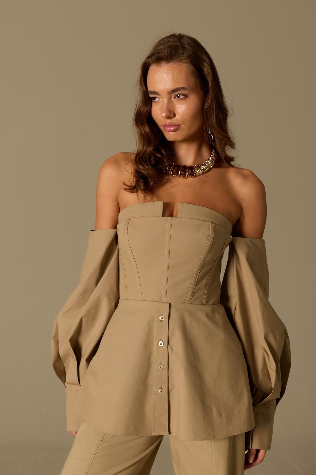 Dusk Volume 100% Cotton Corset Shirt Top Bronze Brown