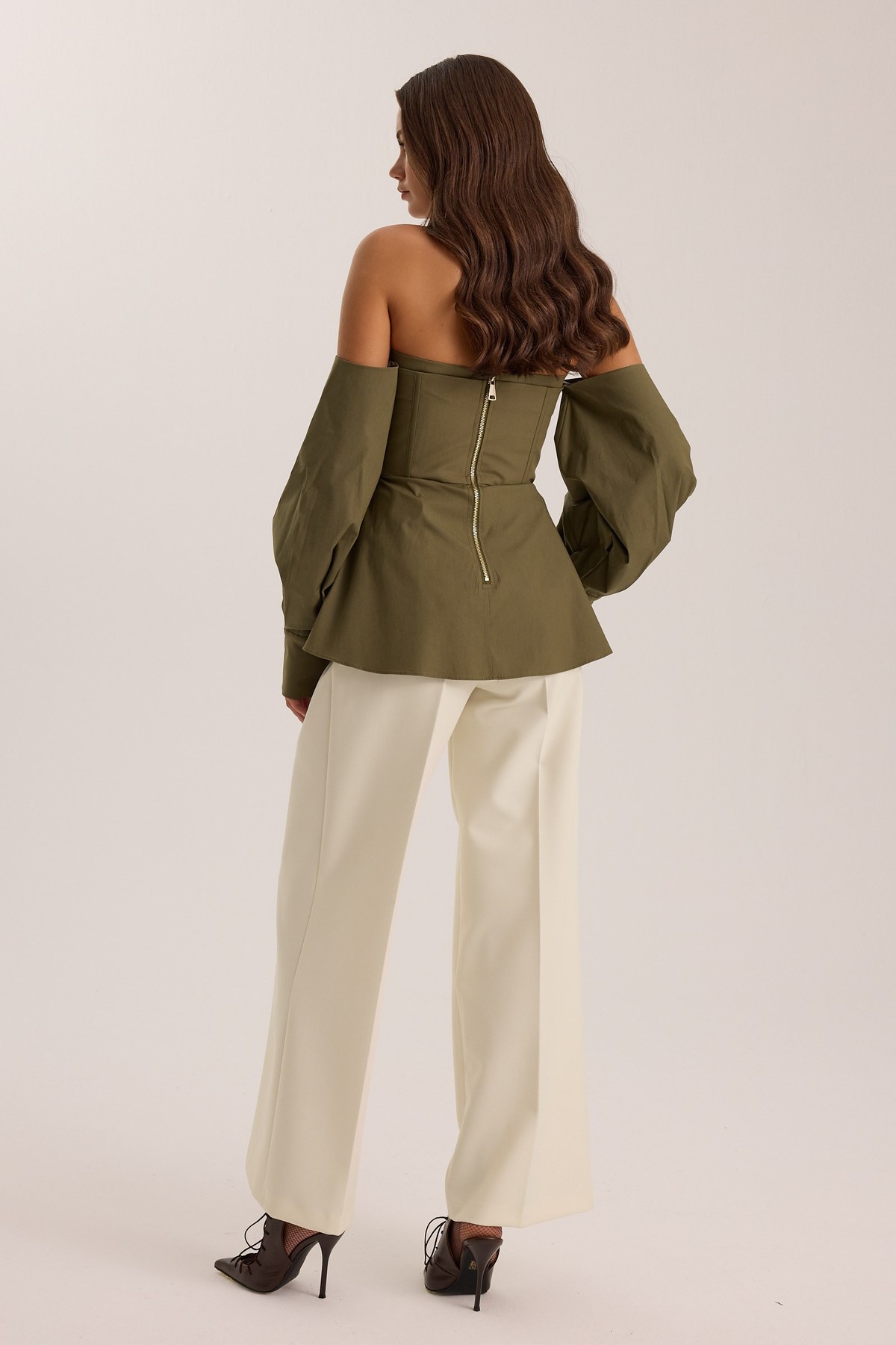 Dusk Volume %100 Cotton Corset Shirt Top Khaki