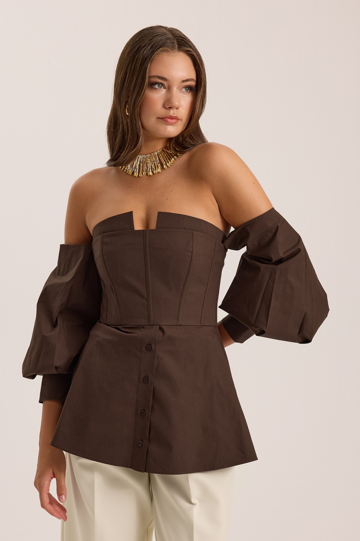 Dusk Volume %100 Cotton Corset Shirt Top Brown