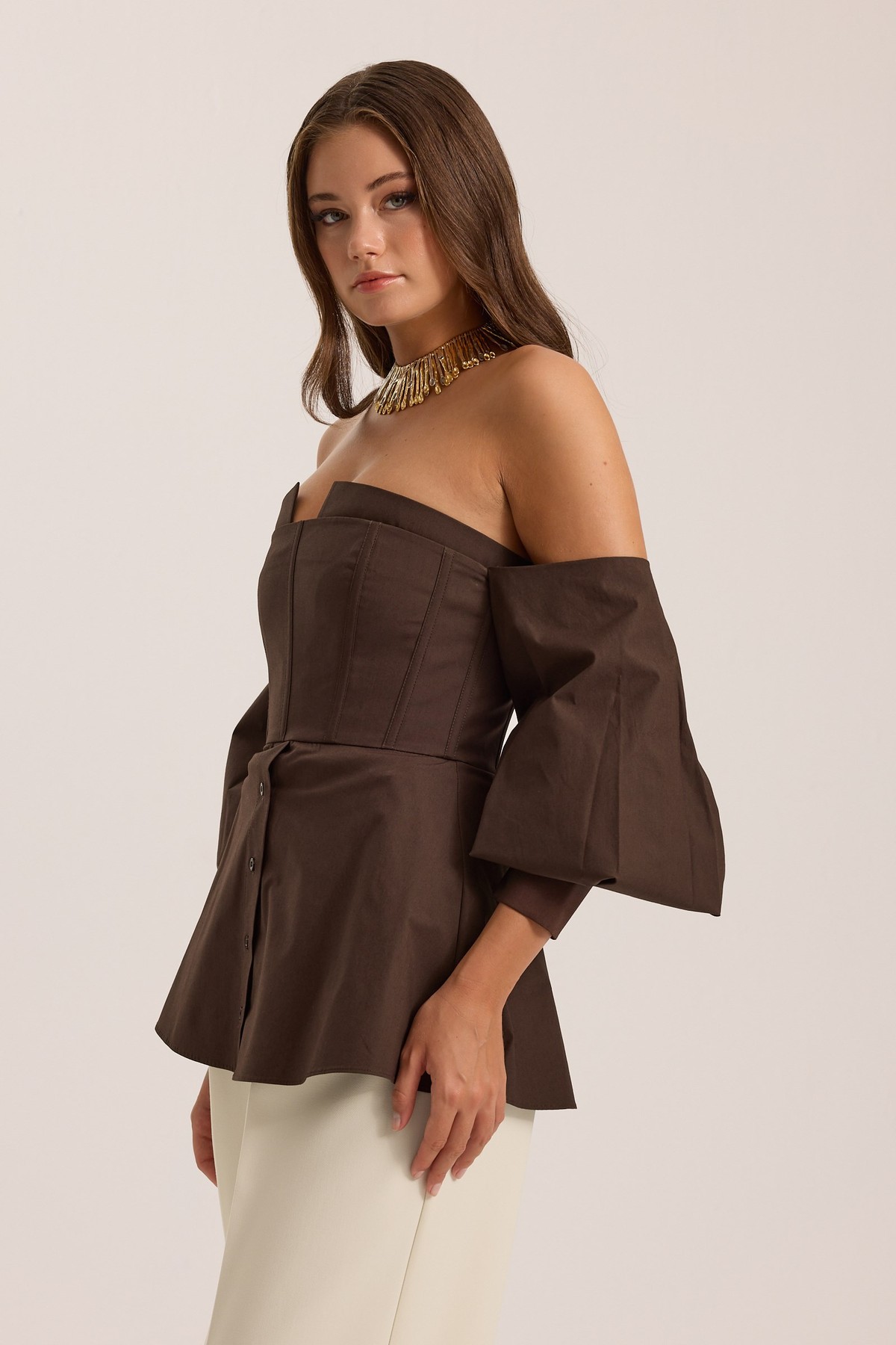 Dusk Volume %100 Cotton Corset Shirt Top DARK GREEN