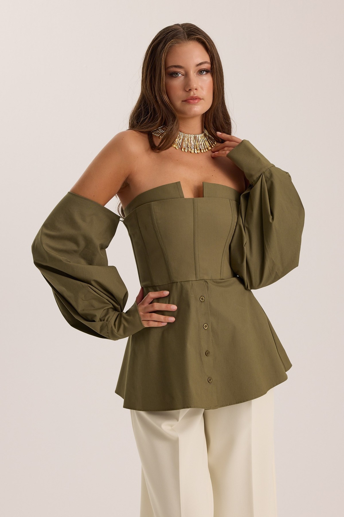 Dusk Volume %100 Cotton Corset Shirt Top Khaki
