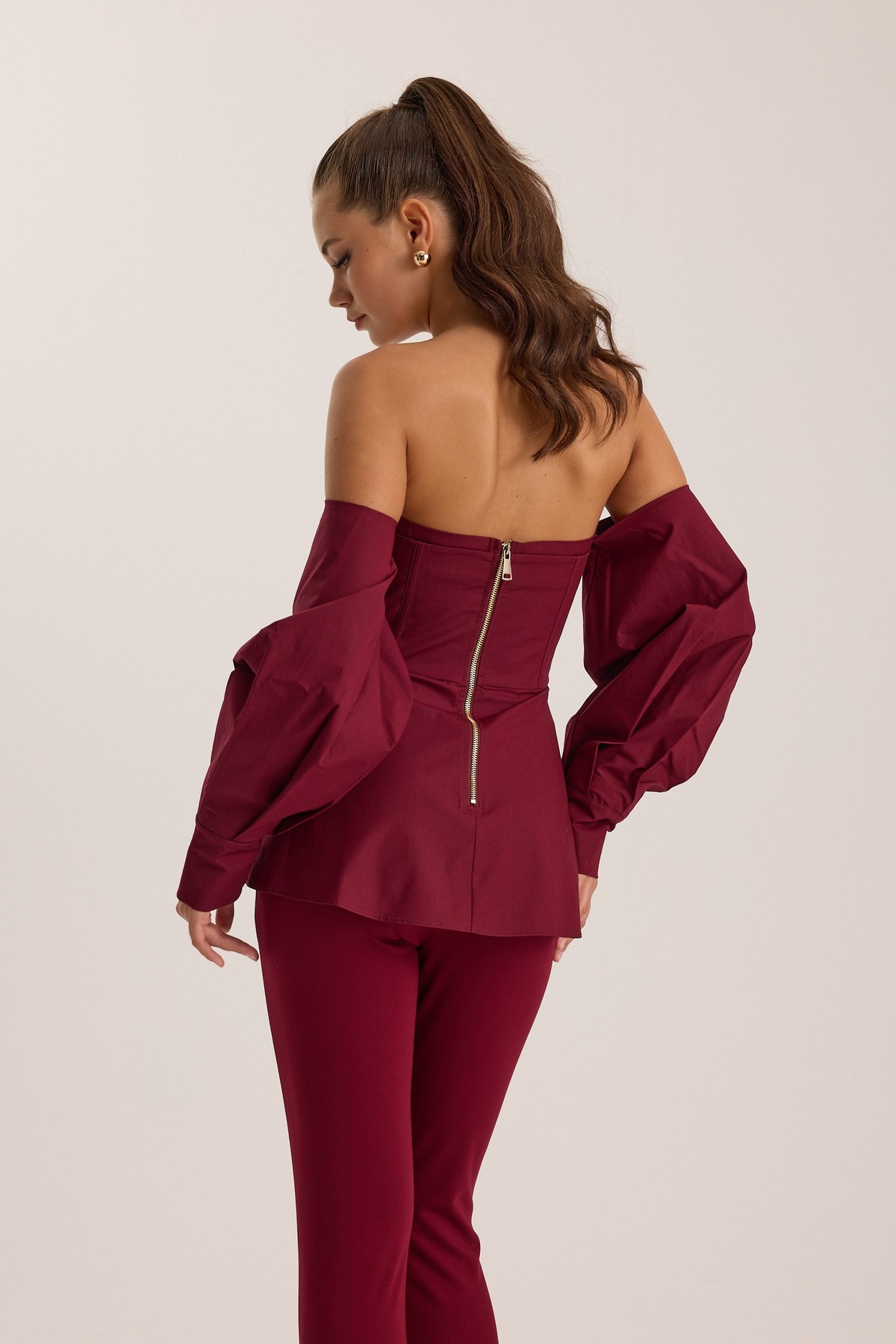 Dusk Volume %100 Cotton Corset Shirt Top Burgundy
