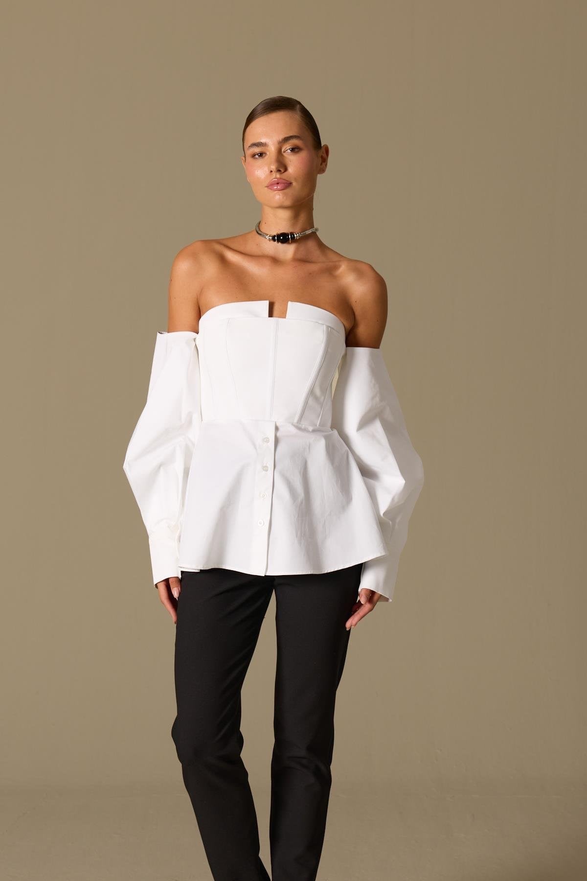 Dusk Volume 100% Cotton Corset Shirt Top Ecru